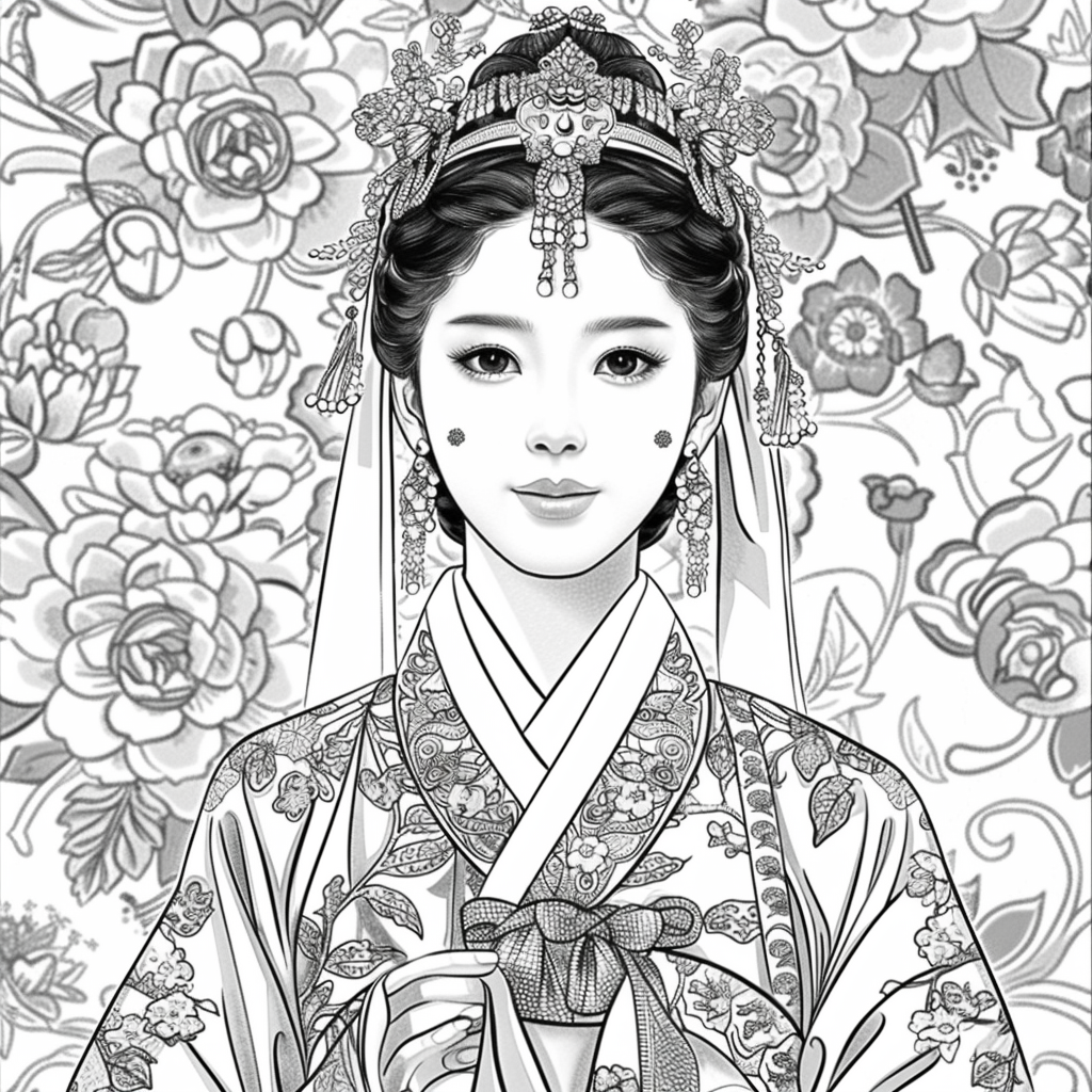 Crown of Blossoms: Korean Bride in Regal Hanbok