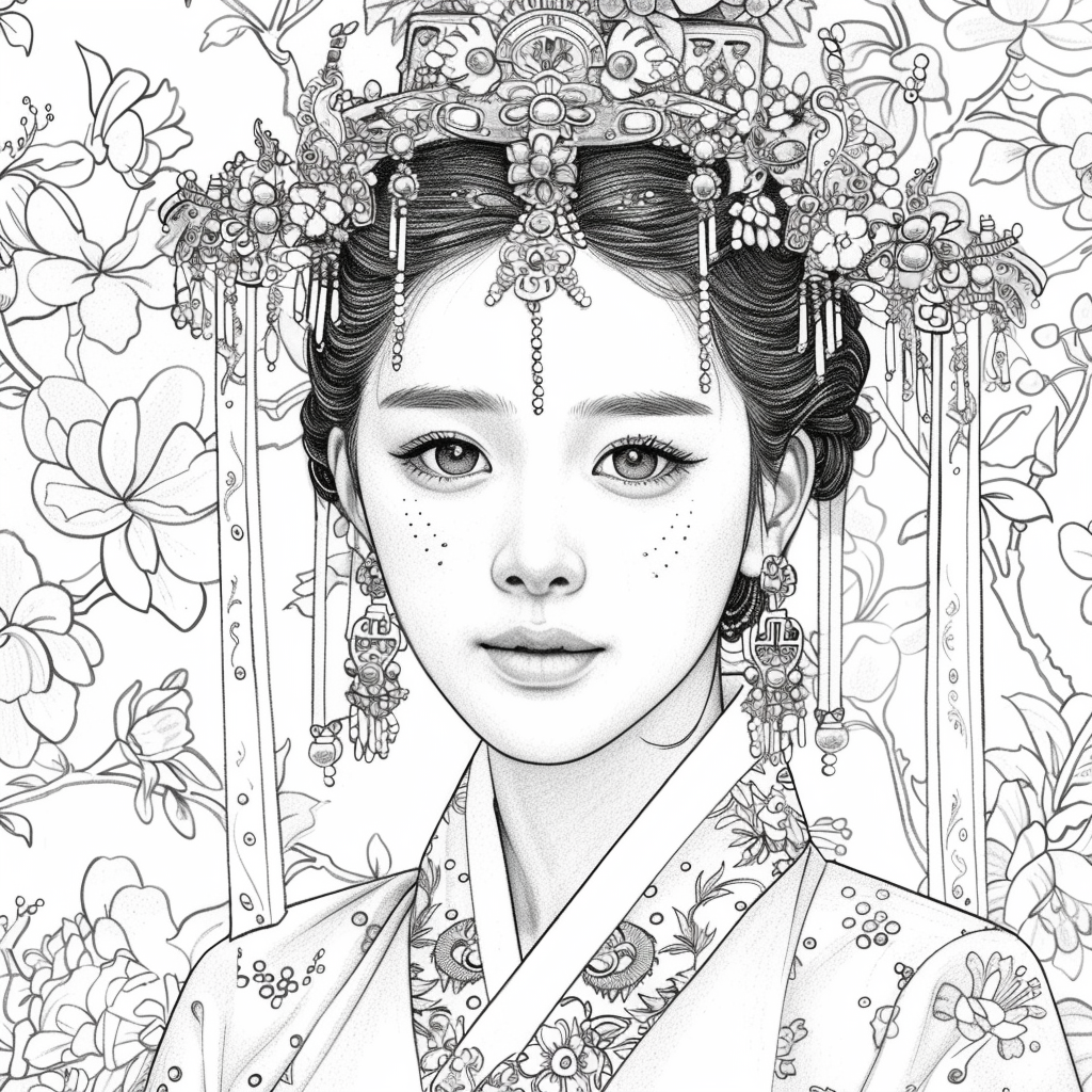 Crown of Blossoms: Korean Bride in Regal Hanbok