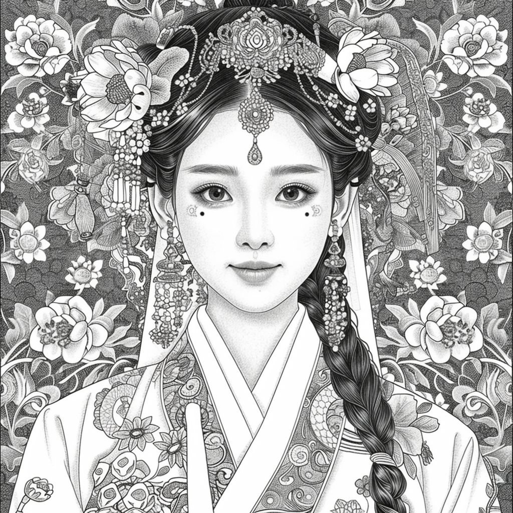 Crown of Blossoms: Korean Bride in Regal Hanbok