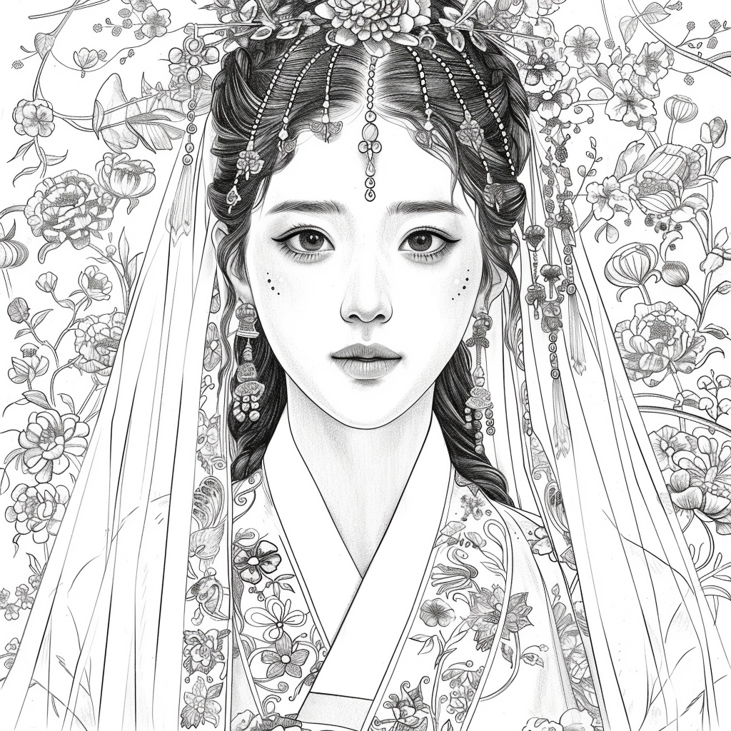 Crown of Blossoms: Korean Bride in Regal Hanbok