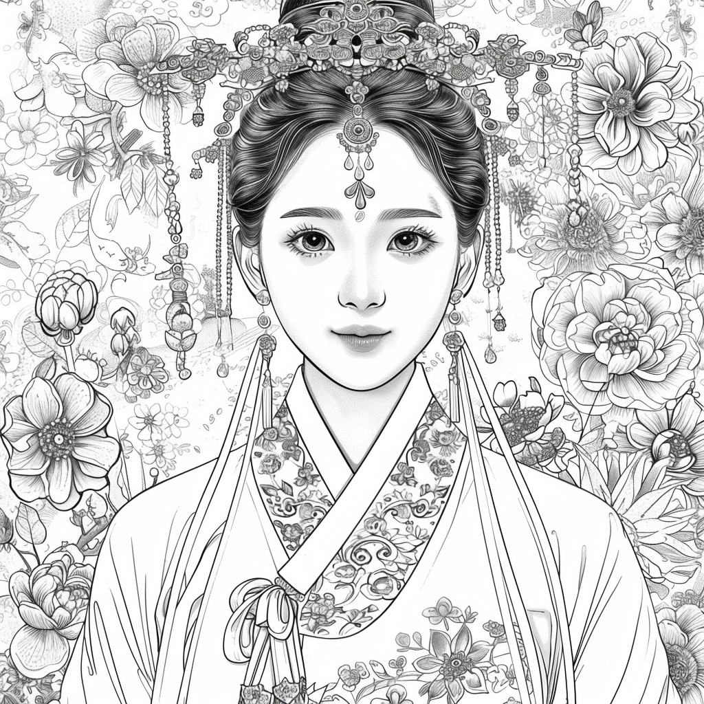 Crown of Blossoms: Korean Bride in Regal Hanbok