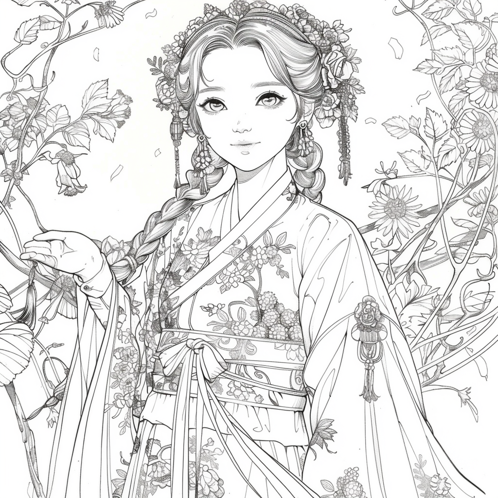 Rainbow Grace – The Blossom Maiden in Hanbok Splendor