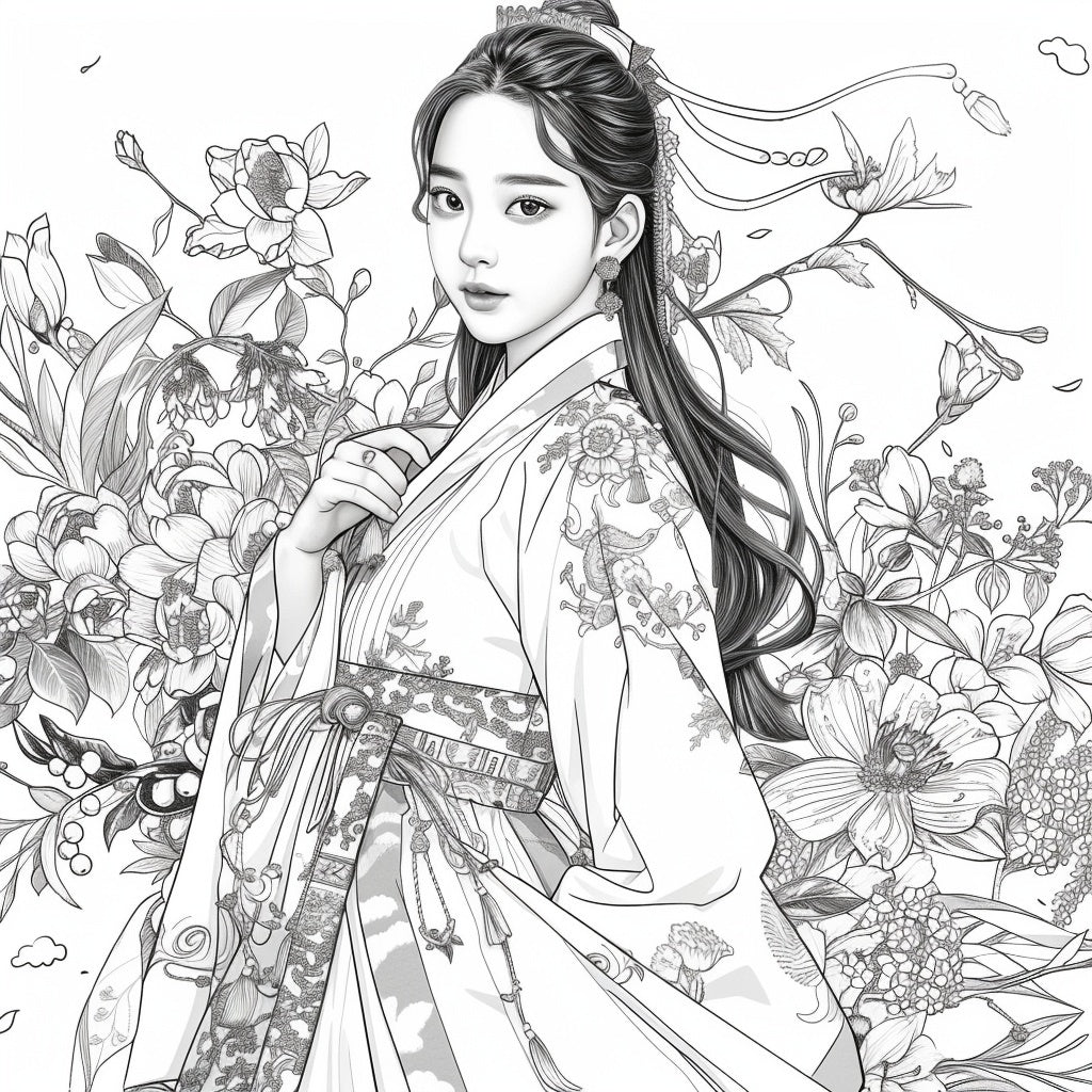 Rainbow Grace – The Blossom Maiden in Hanbok Splendor