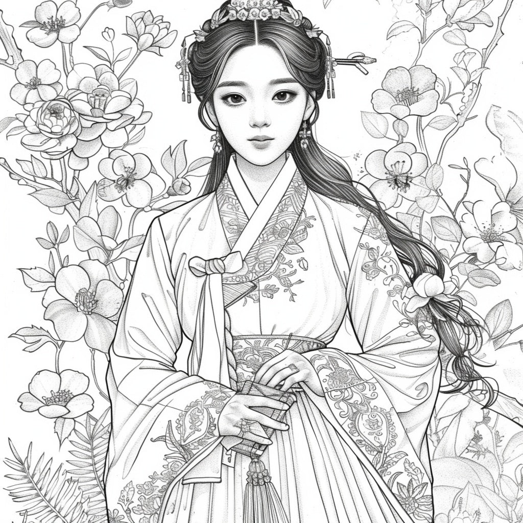 Rainbow Grace – The Blossom Maiden in Hanbok Splendor