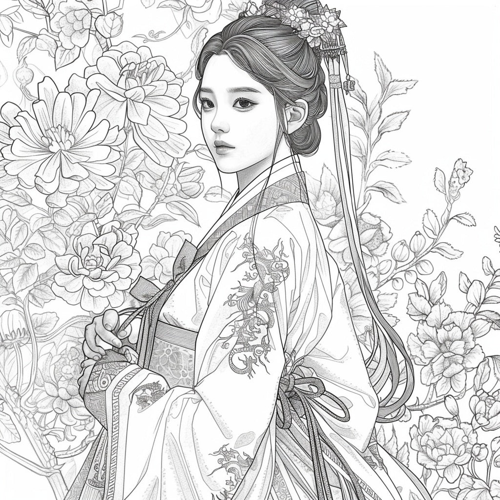 Rainbow Grace – The Blossom Maiden in Hanbok Splendor