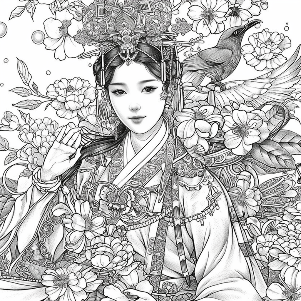 A radiant princess of Blossoms and the Peacock’s Grace