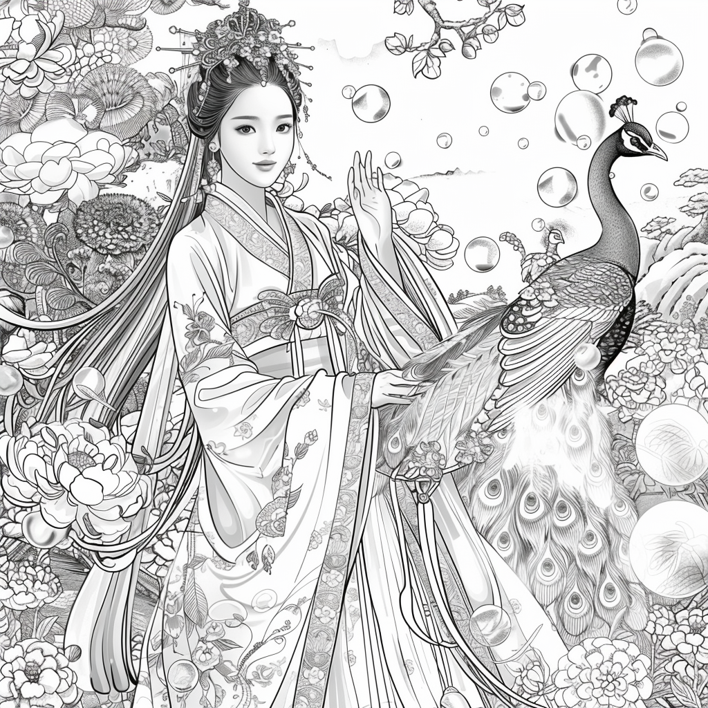 A radiant princess of Blossoms and the Peacock’s Grace