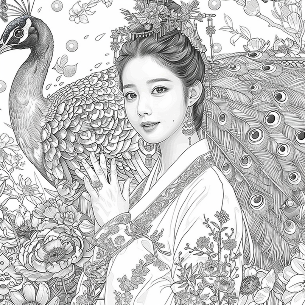 A radiant princess of Blossoms and the Peacock’s Grace