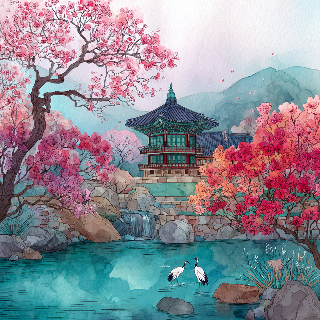 Korean Palace Spring Garden Watercolor Landscape