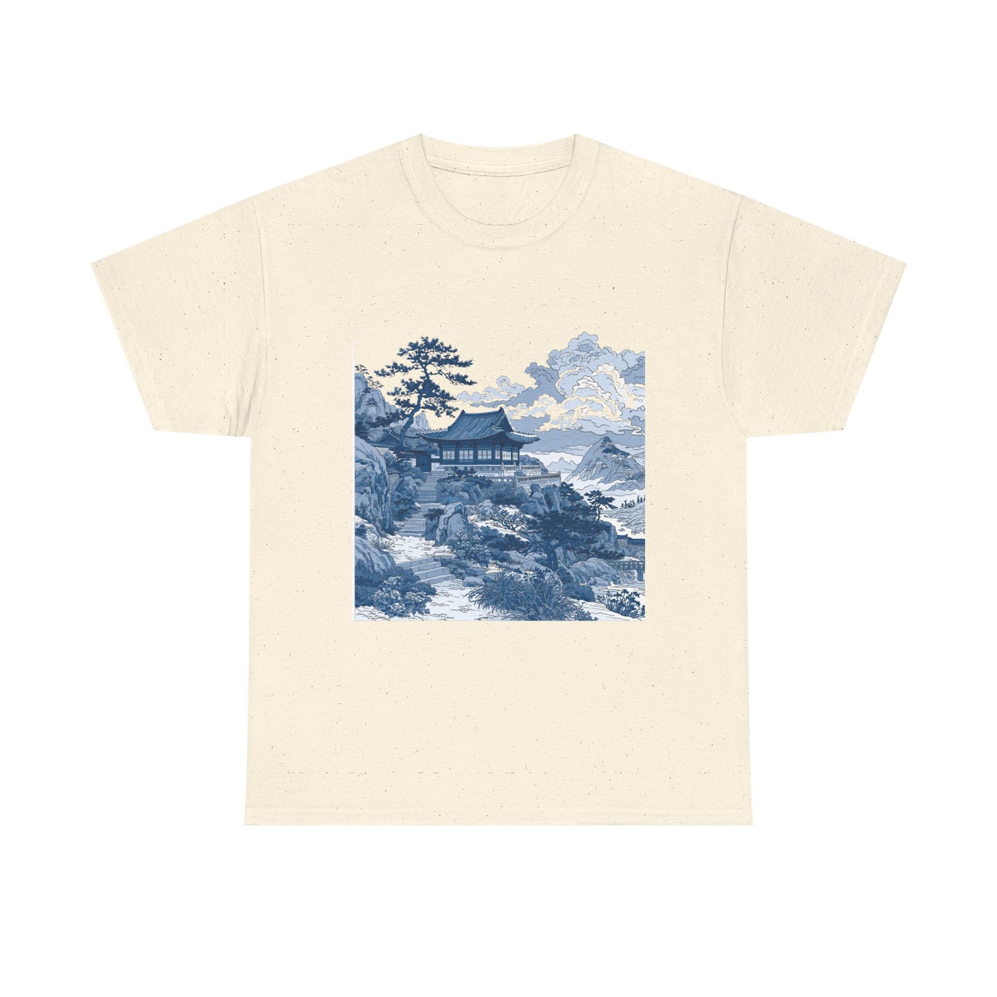 Blue Asian Landscape Tee — Vintage Temple Mountain Scenery T-Shirt