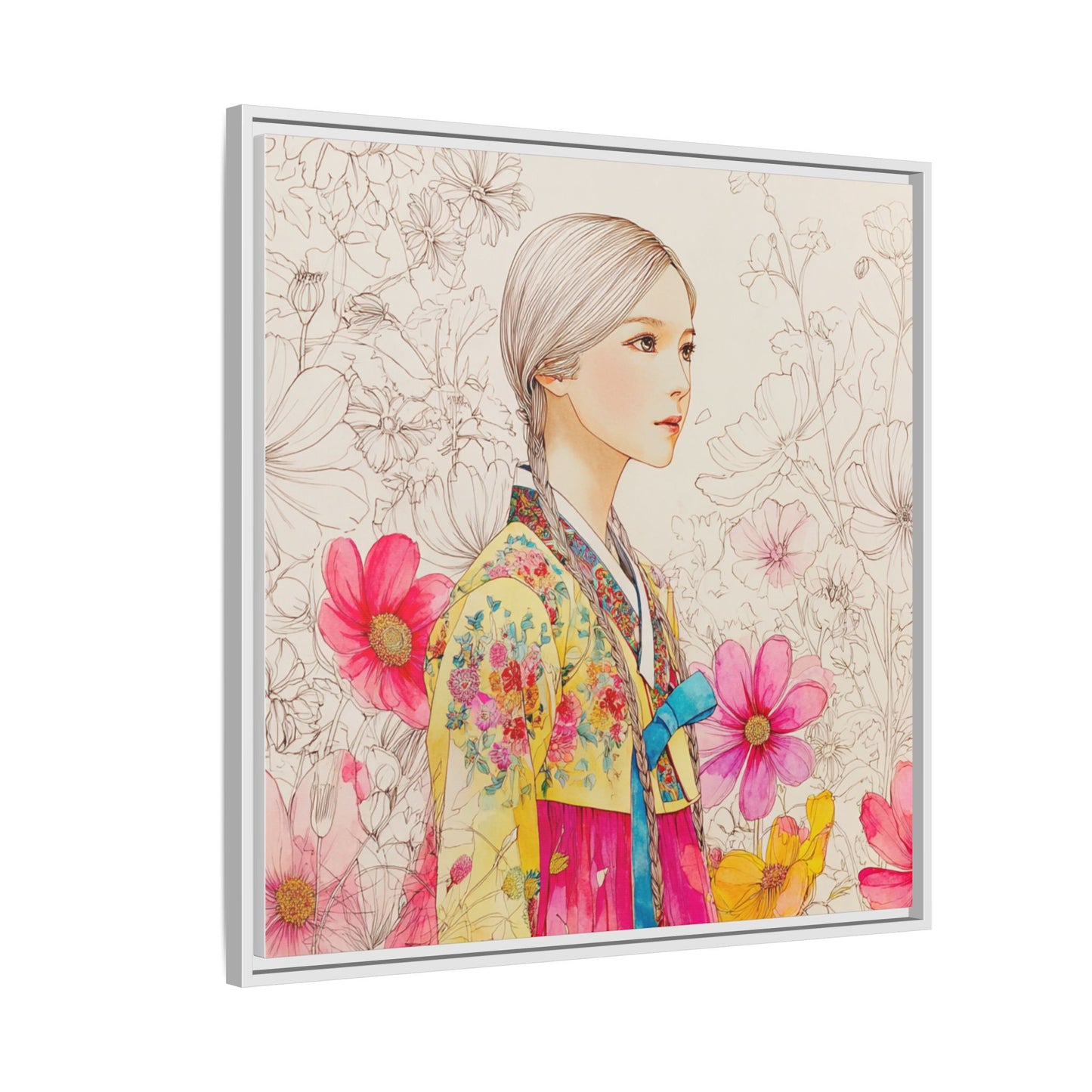 Framed Matte Canvas: Korean Hanbok Girl Floral Portrait