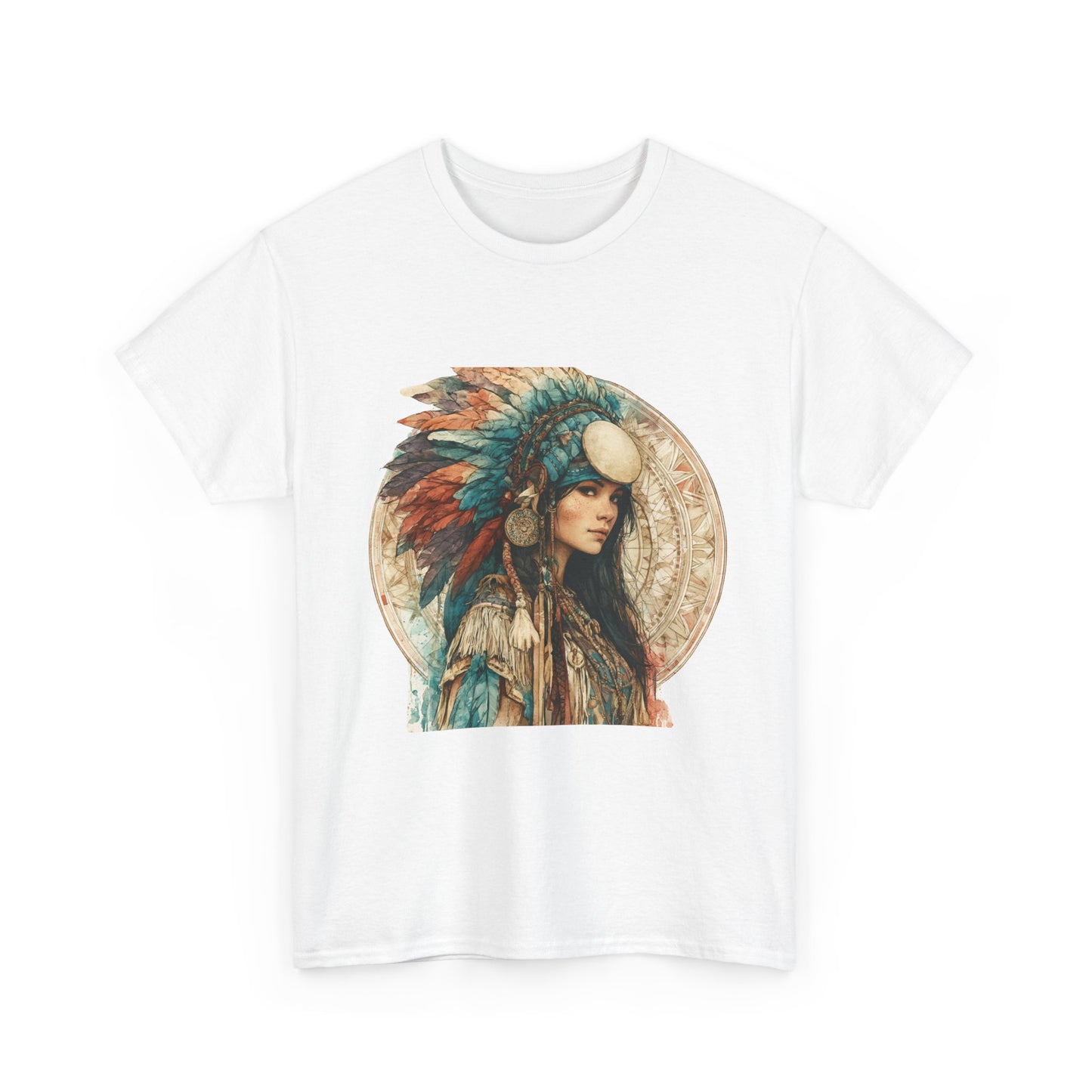 Native Headdress Portrait T‑Shirt — Boho Feather Art Tee