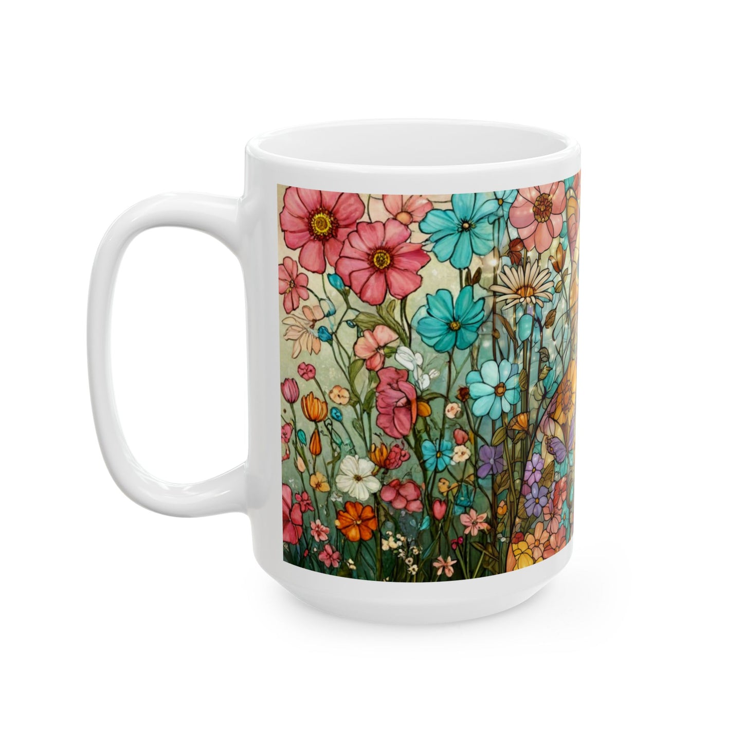 Floral Cat Ceramic Mug — Colorful Stained-Glass Style 11oz & 15oz