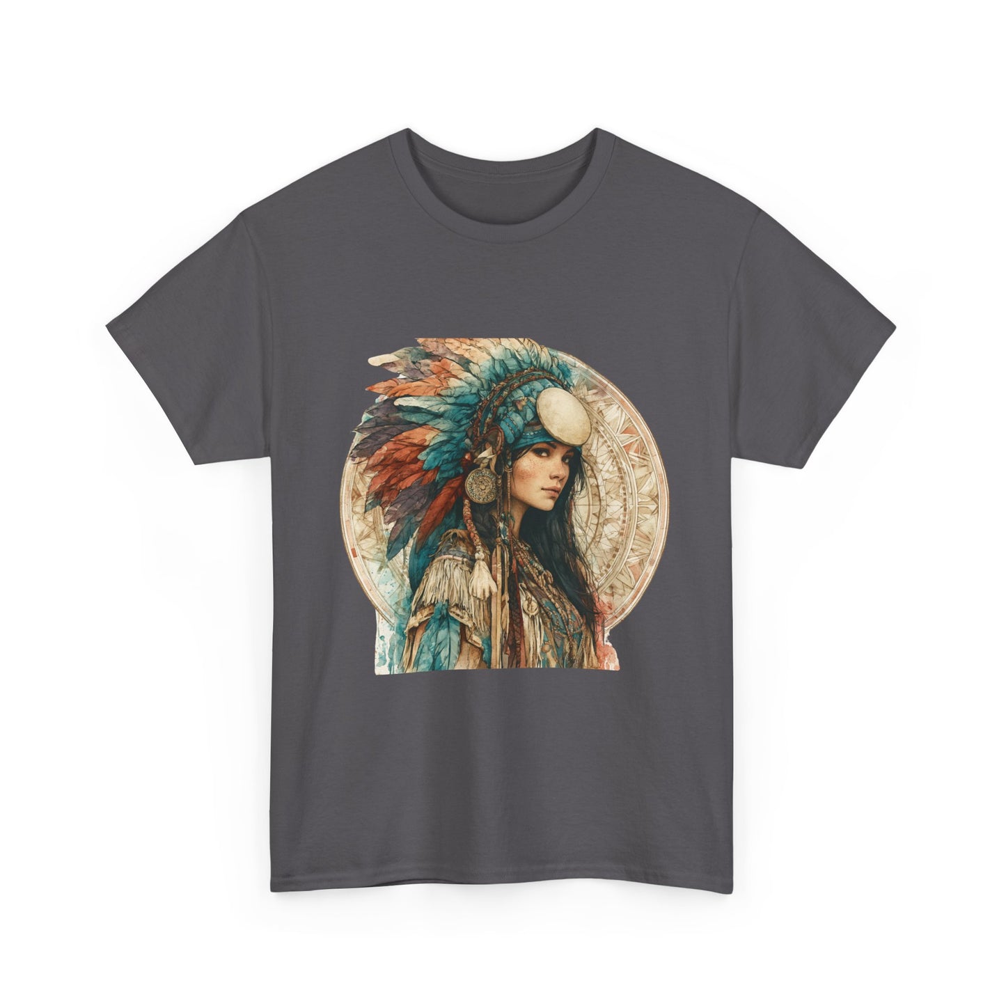 Native Headdress Portrait T‑Shirt — Boho Feather Art Tee