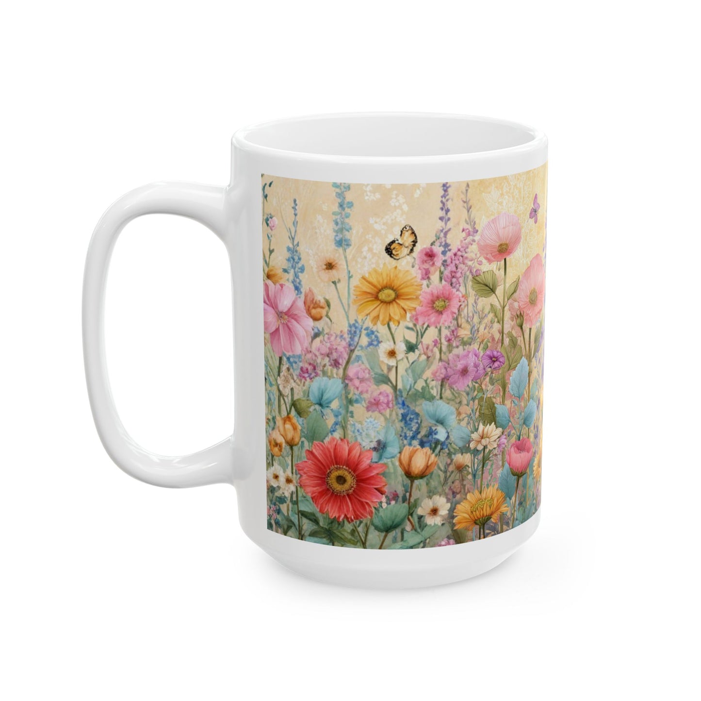 Floral Sunflower Meadow Ceramic Mug – Vintage Wildflower Coffee Cup (11oz, 15oz)
