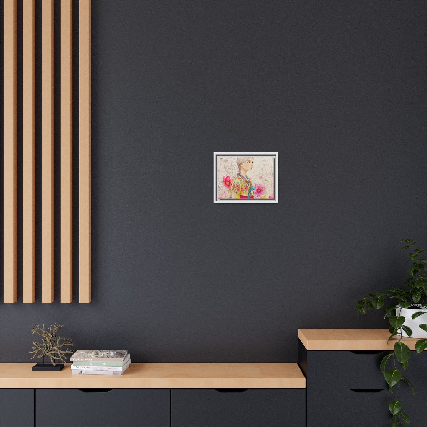 Framed Matte Canvas: Korean Hanbok Girl Floral Portrait