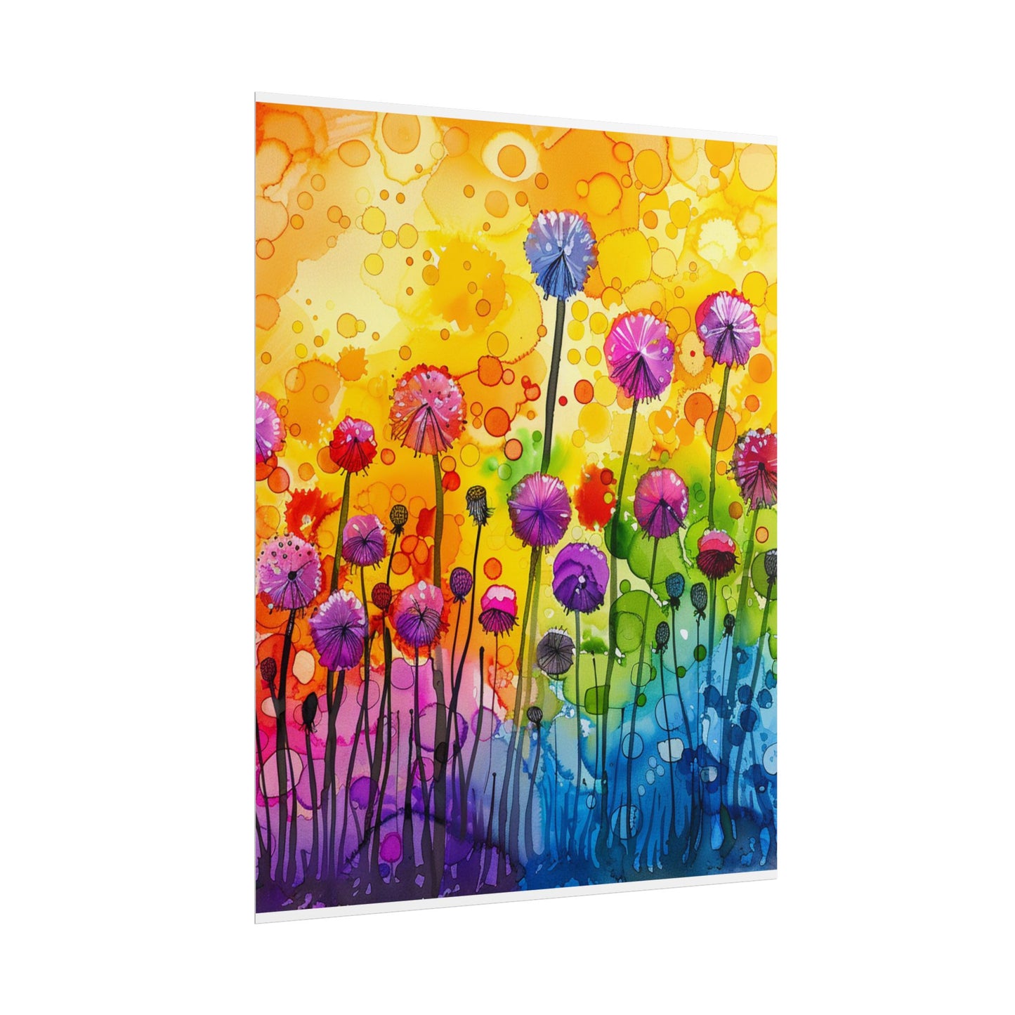 Colorful Floral Watercolor Poster — Rainbow Dandelion Garden Rolled Print