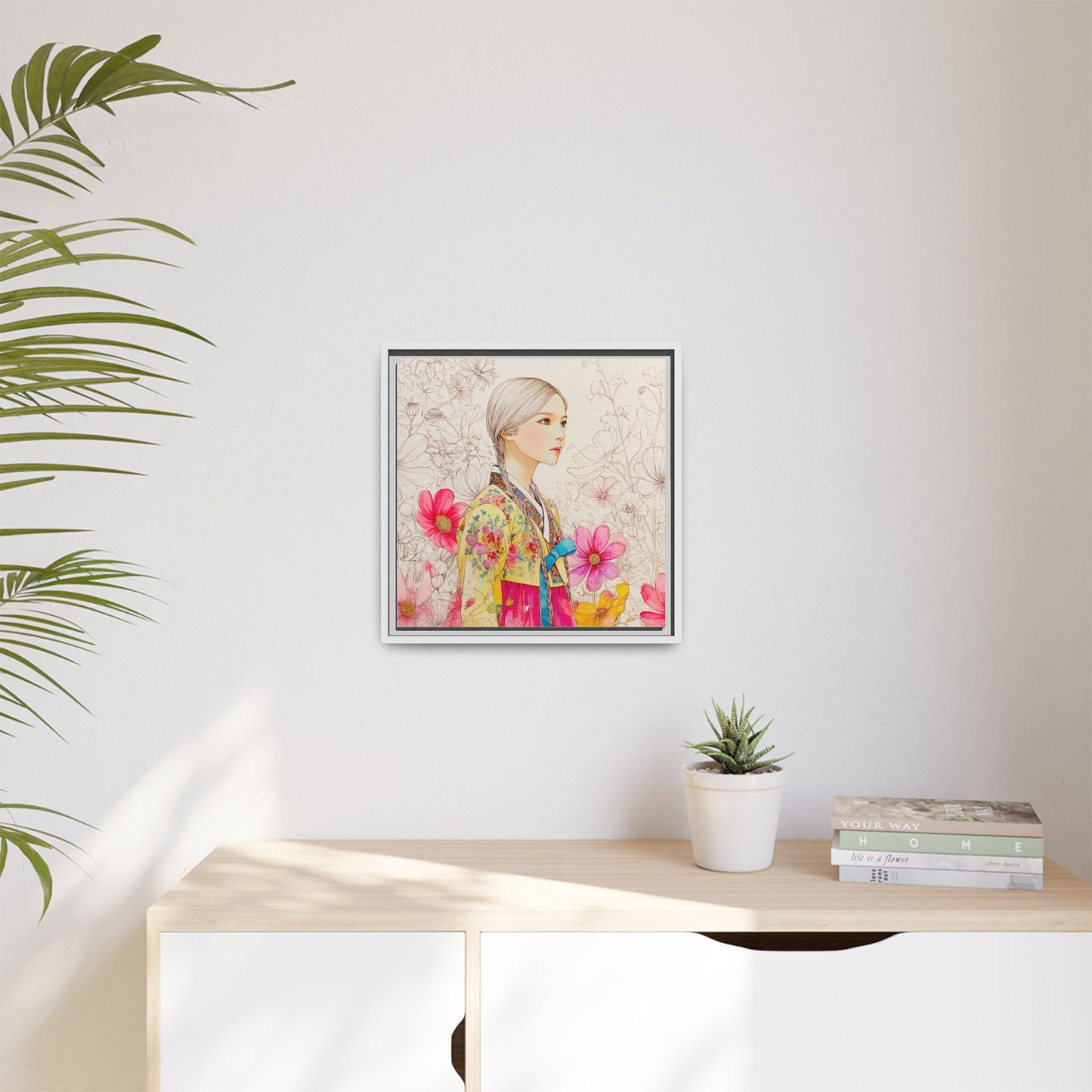 Framed Matte Canvas: Korean Hanbok Girl Floral Portrait