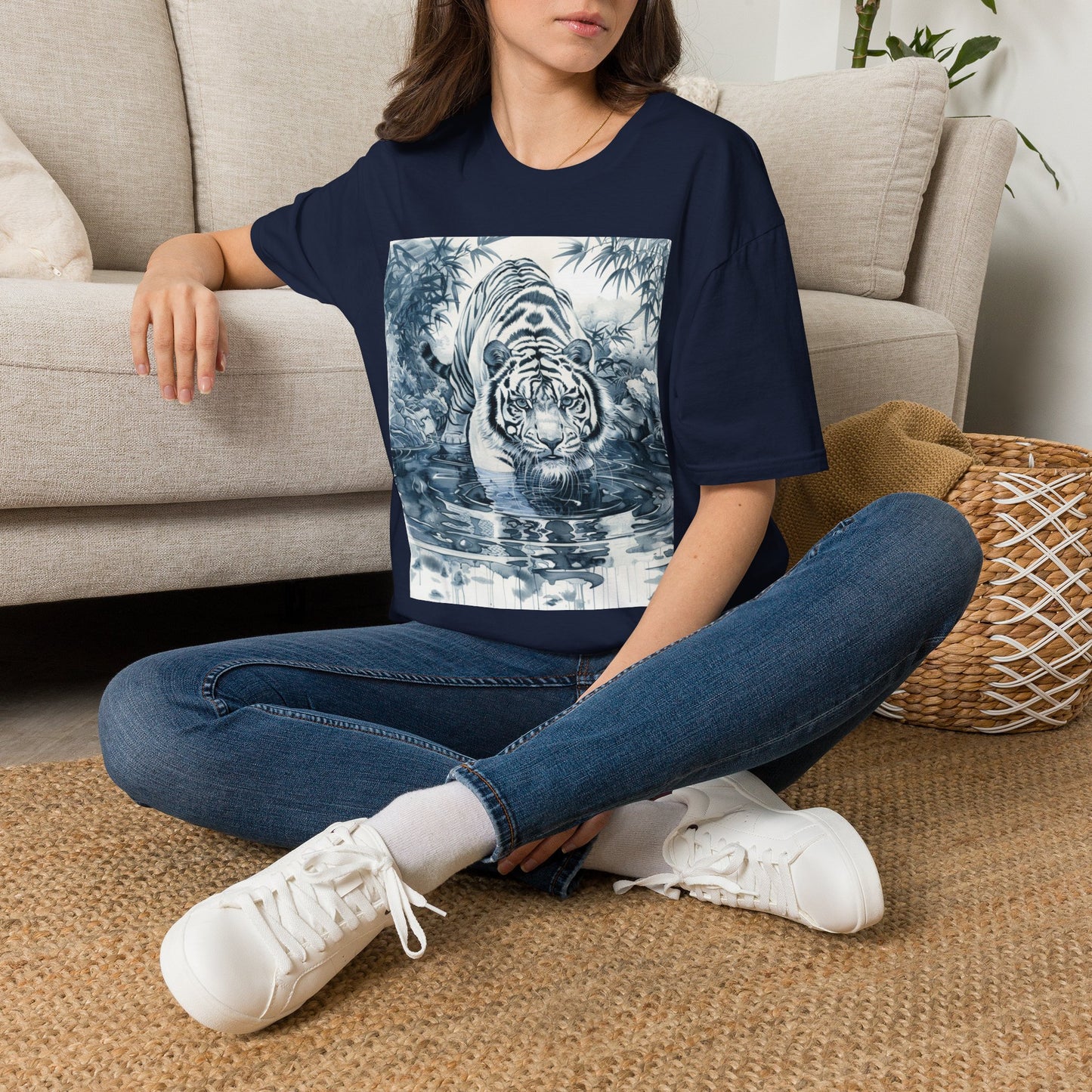 White T‑Shirt with Blue Watercolor Tiger Print — Gentle Jungle Graphic Tee