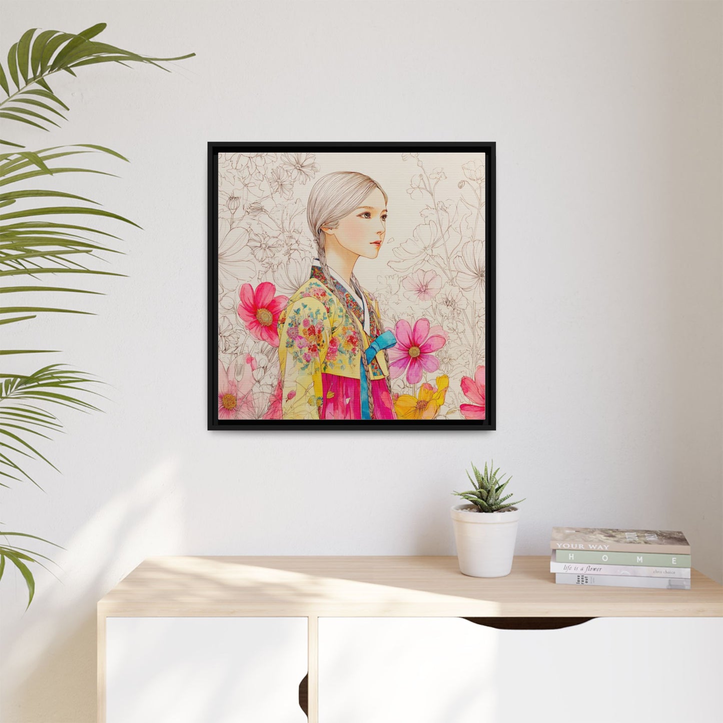 Framed Matte Canvas: Korean Hanbok Girl Floral Portrait