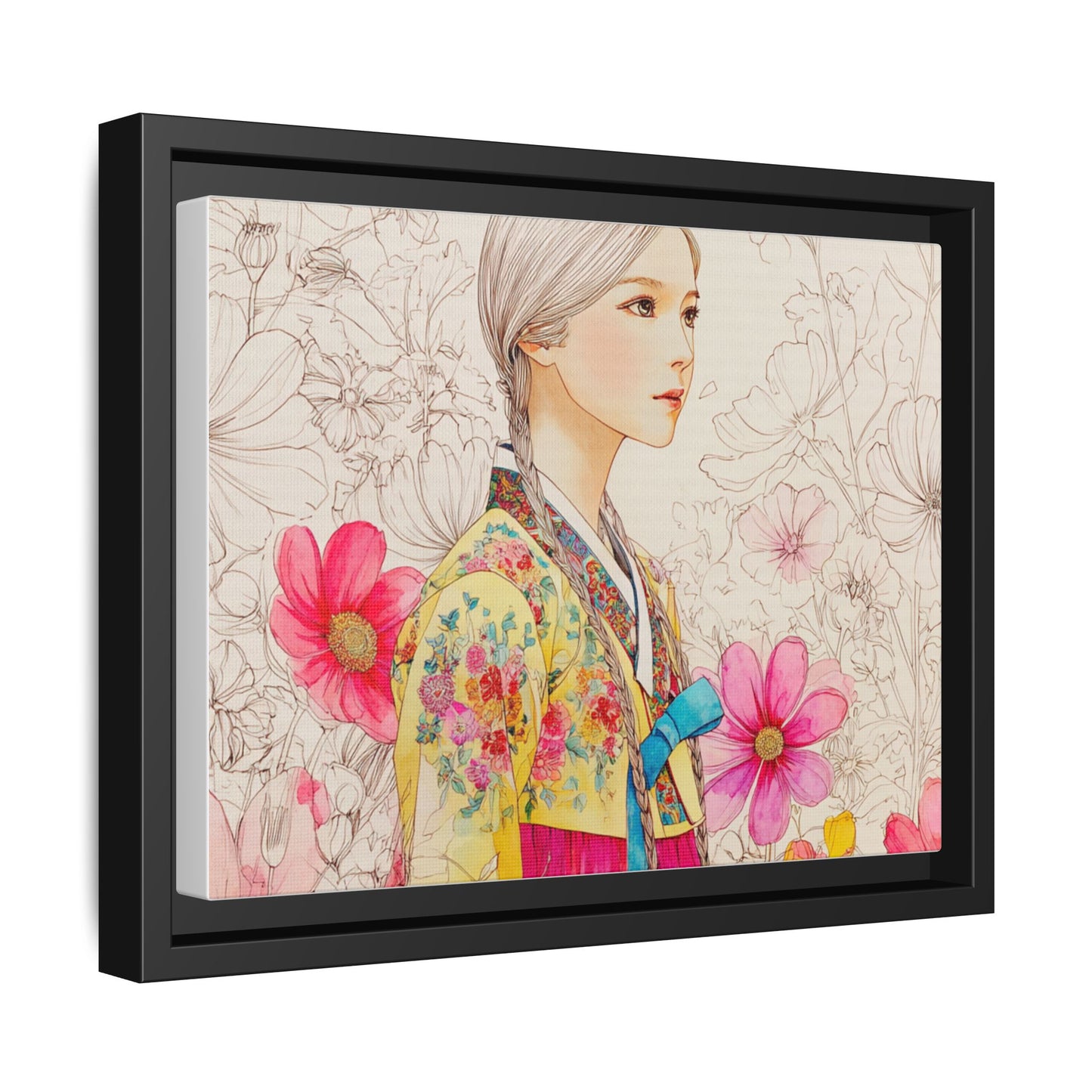 Framed Matte Canvas: Korean Hanbok Girl Floral Portrait