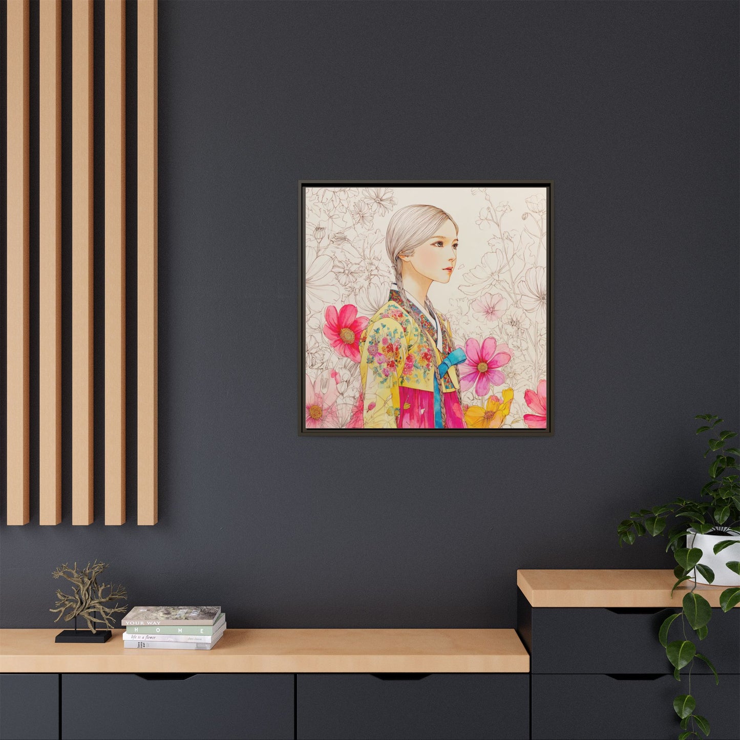 Framed Matte Canvas: Korean Hanbok Girl Floral Portrait