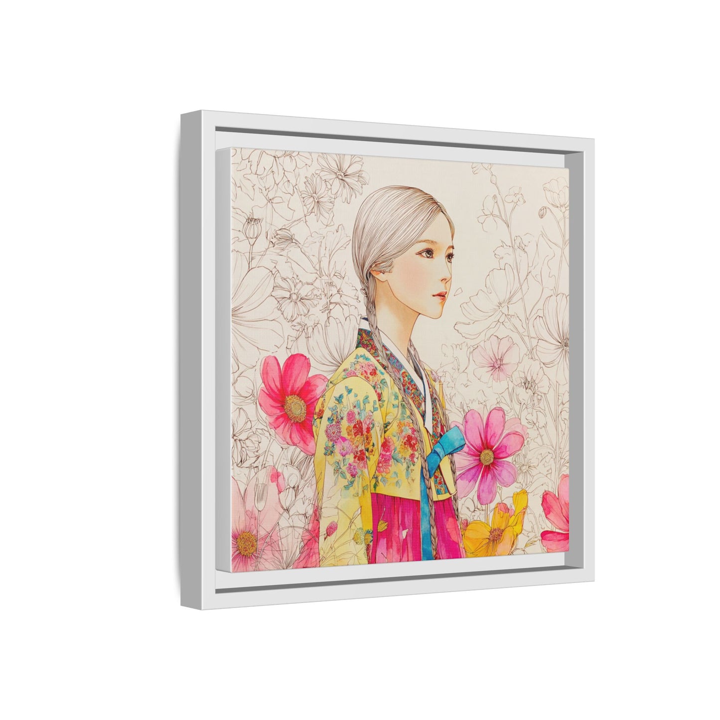 Framed Matte Canvas: Korean Hanbok Girl Floral Portrait