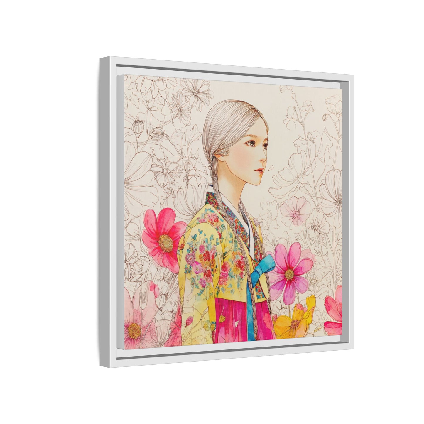 Framed Matte Canvas: Korean Hanbok Girl Floral Portrait