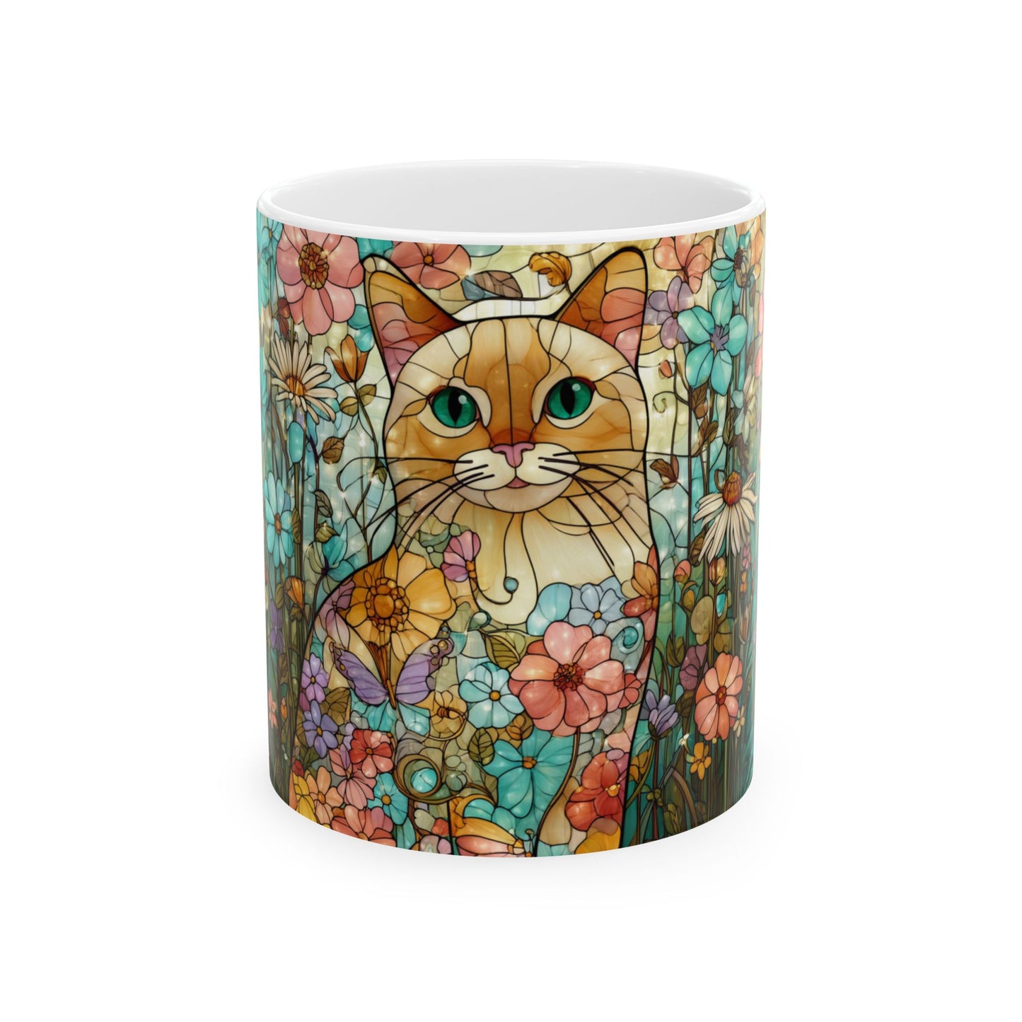 Floral Cat Ceramic Mug — Colorful Stained-Glass Style 11oz & 15oz