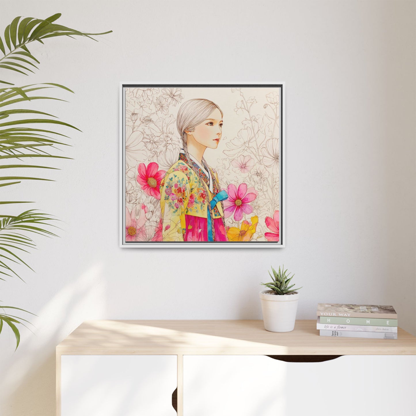 Framed Matte Canvas: Korean Hanbok Girl Floral Portrait