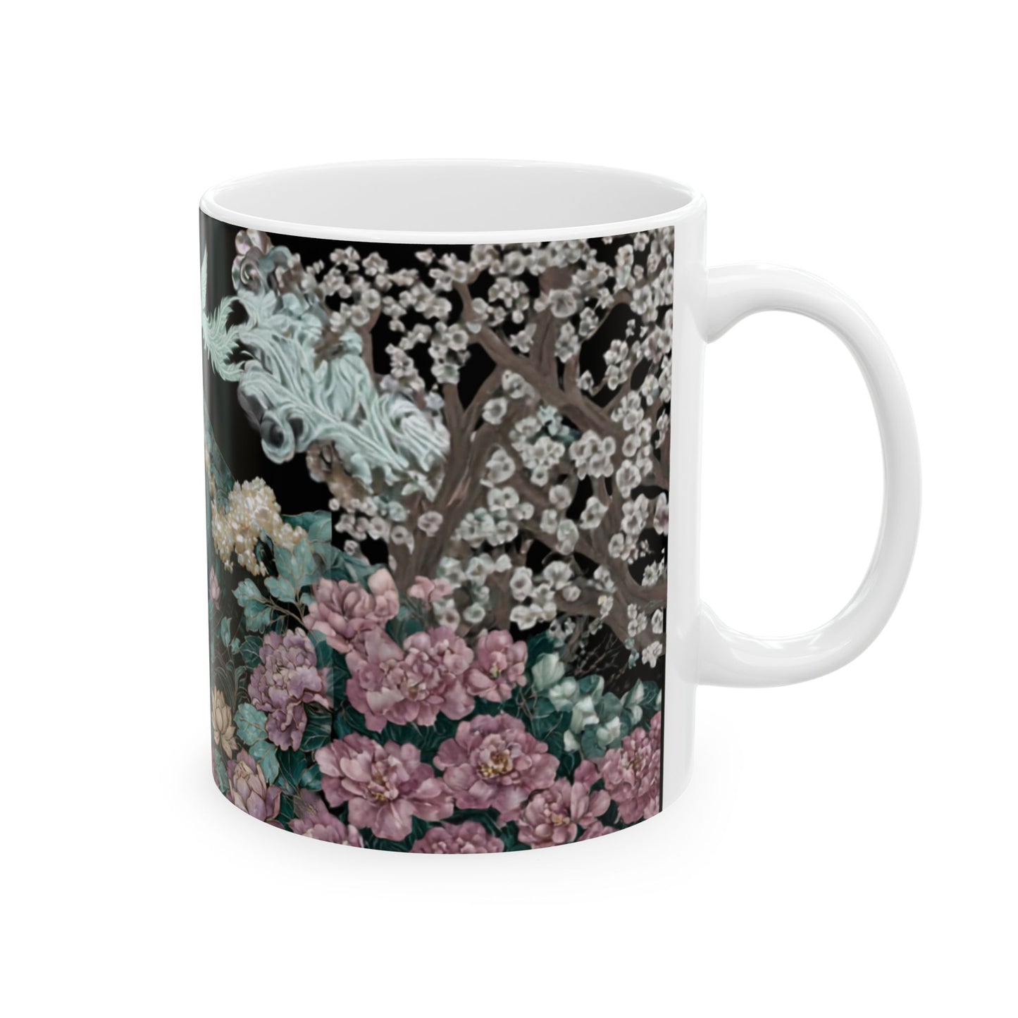 Floral Wave Ceramic Mug — Vintage Japanese-Inspired Crane & Ocean Design (11oz, 15oz)
