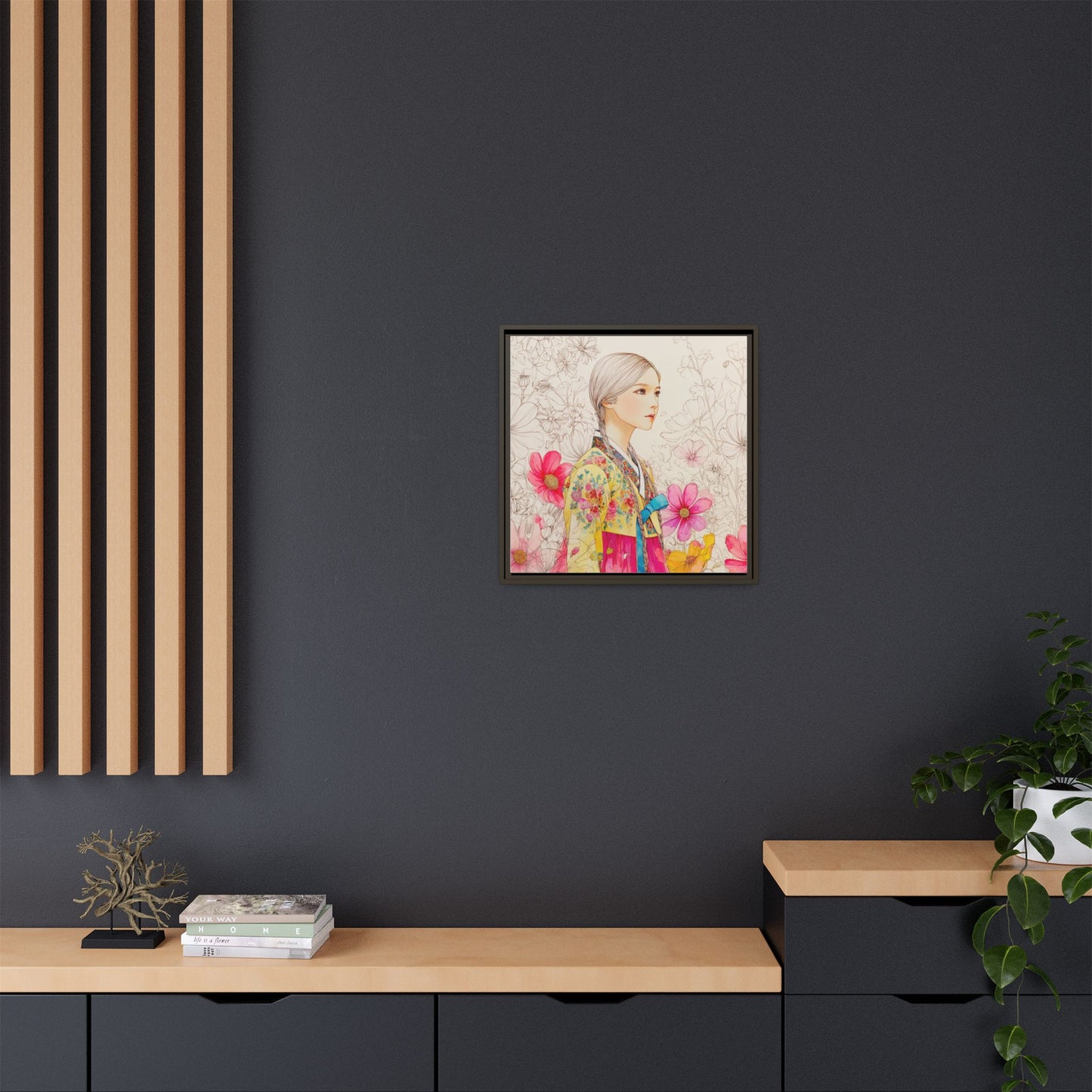 Framed Matte Canvas: Korean Hanbok Girl Floral Portrait