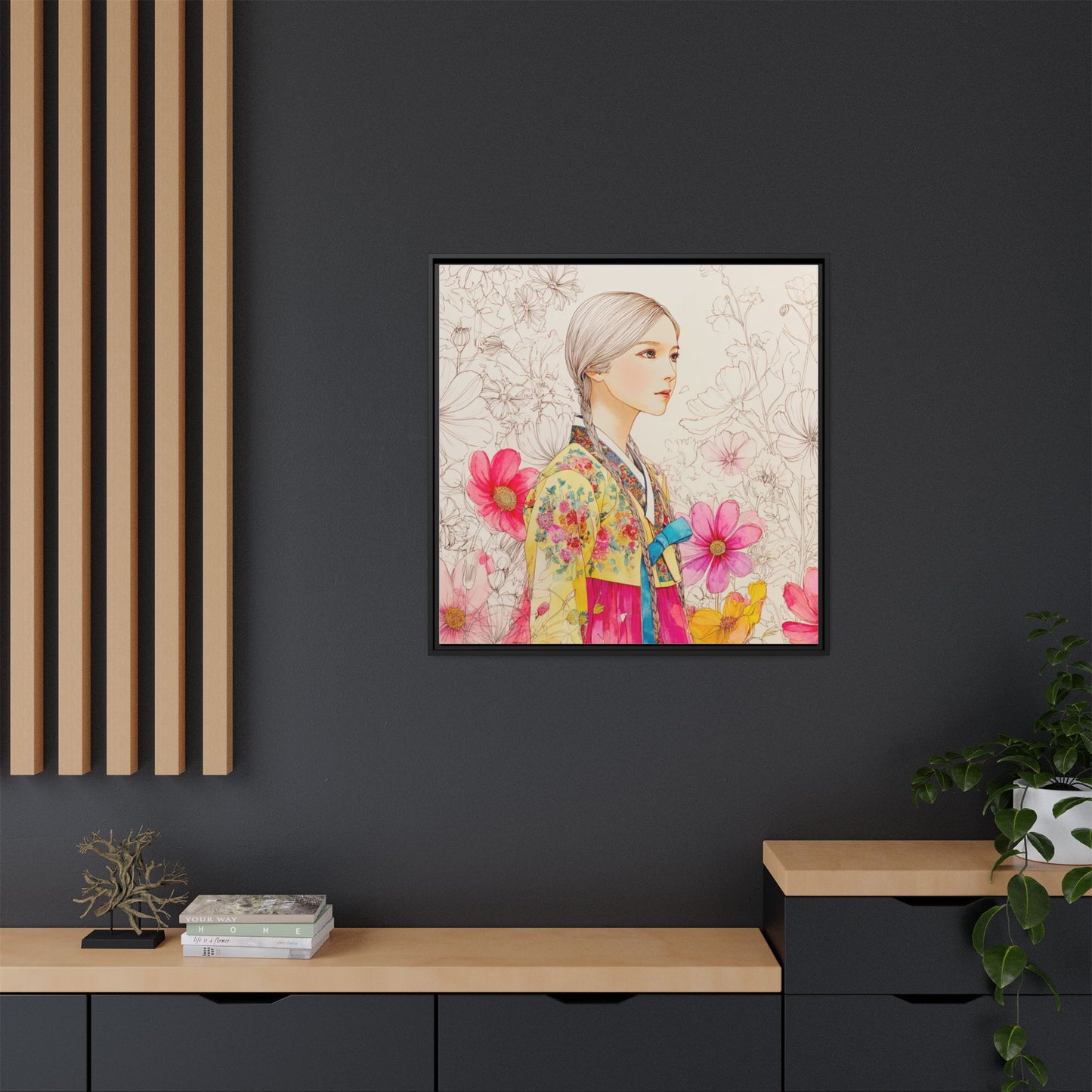 Framed Matte Canvas: Korean Hanbok Girl Floral Portrait
