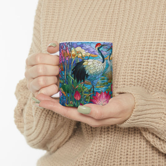 Stained Glass Cranes Ceramic Mug — Floral Lotus Tea Cup (11oz & 15oz)