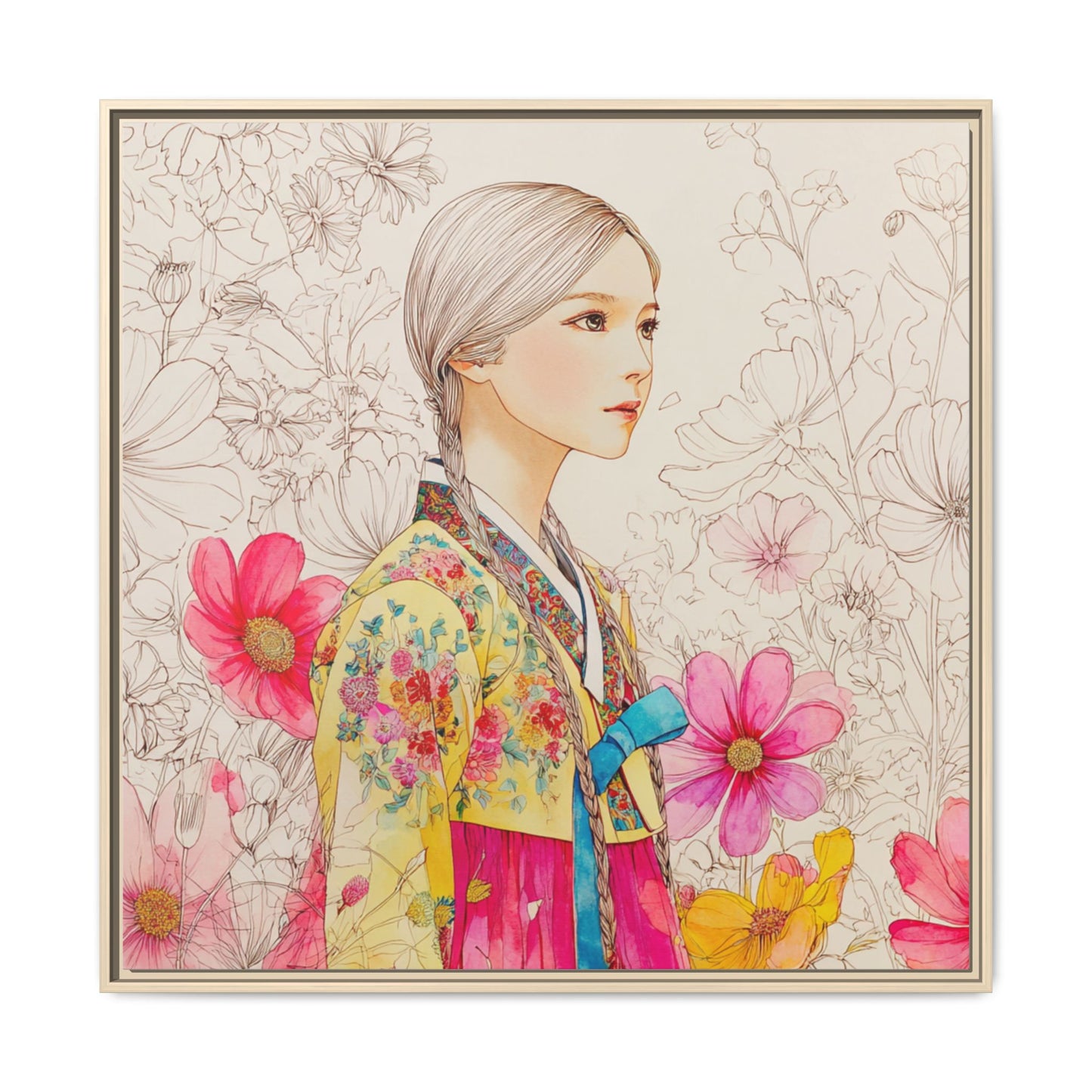 Framed Matte Canvas: Korean Hanbok Girl Floral Portrait