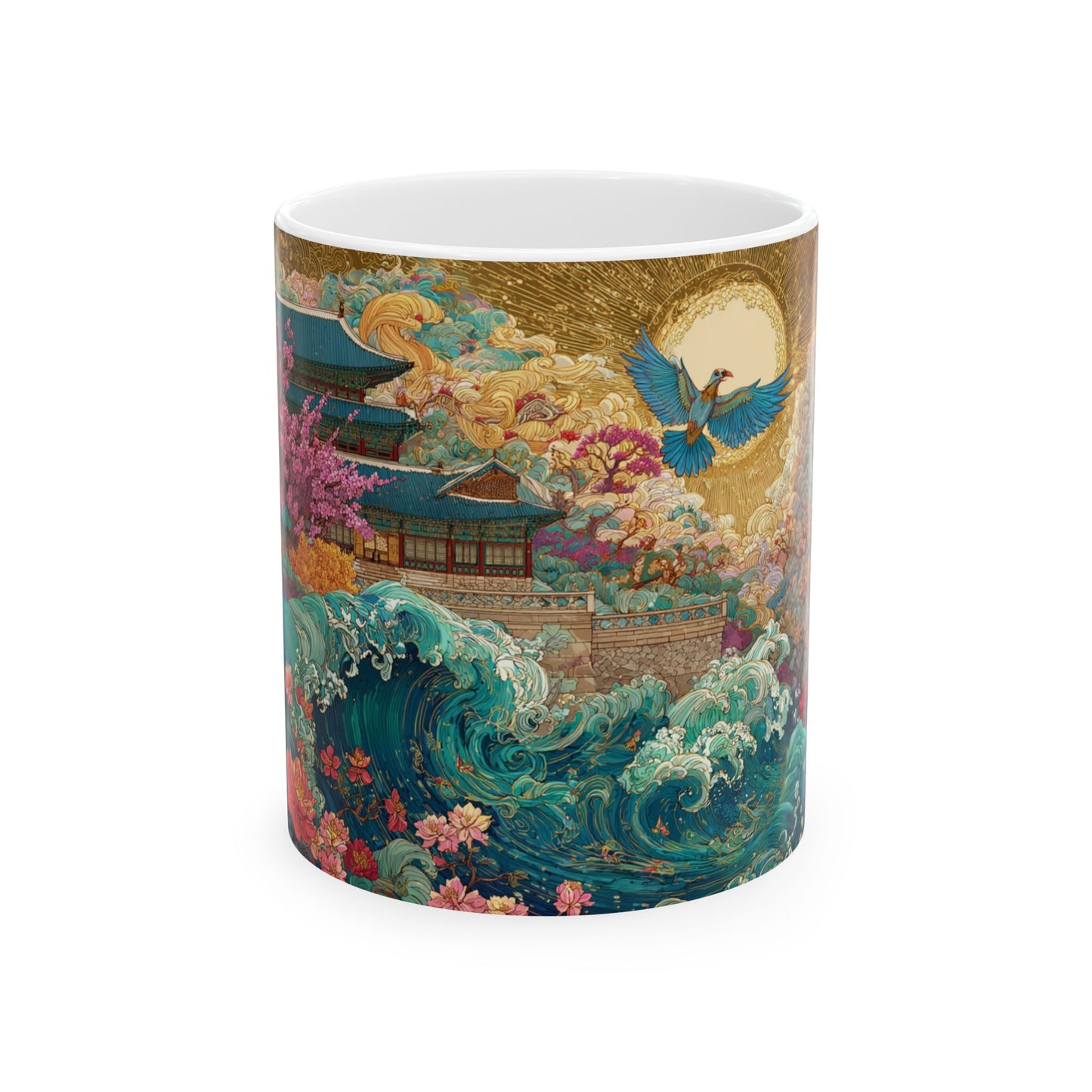 Japanese Garden Wave Ceramic Mug — Floral Pagoda Moonlight Design (11oz & 15oz)