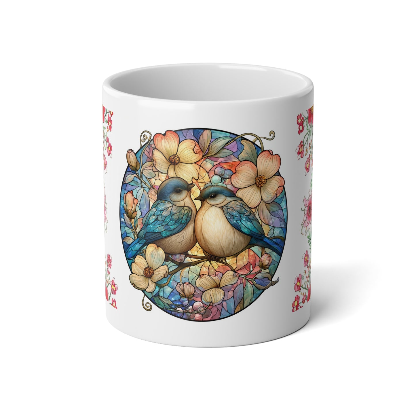 Pair of Bluebirds Floral Stained-Glass Design