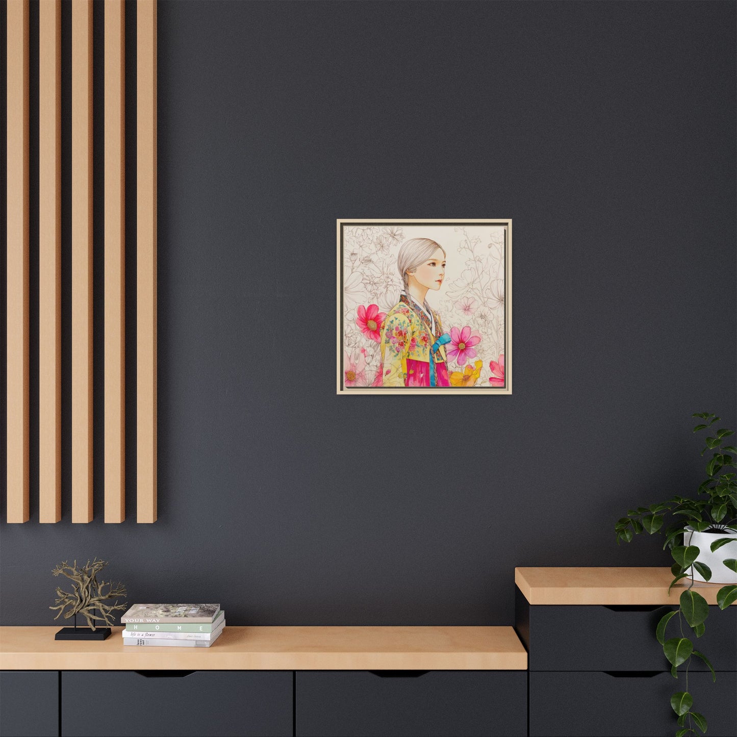 Framed Matte Canvas: Korean Hanbok Girl Floral Portrait