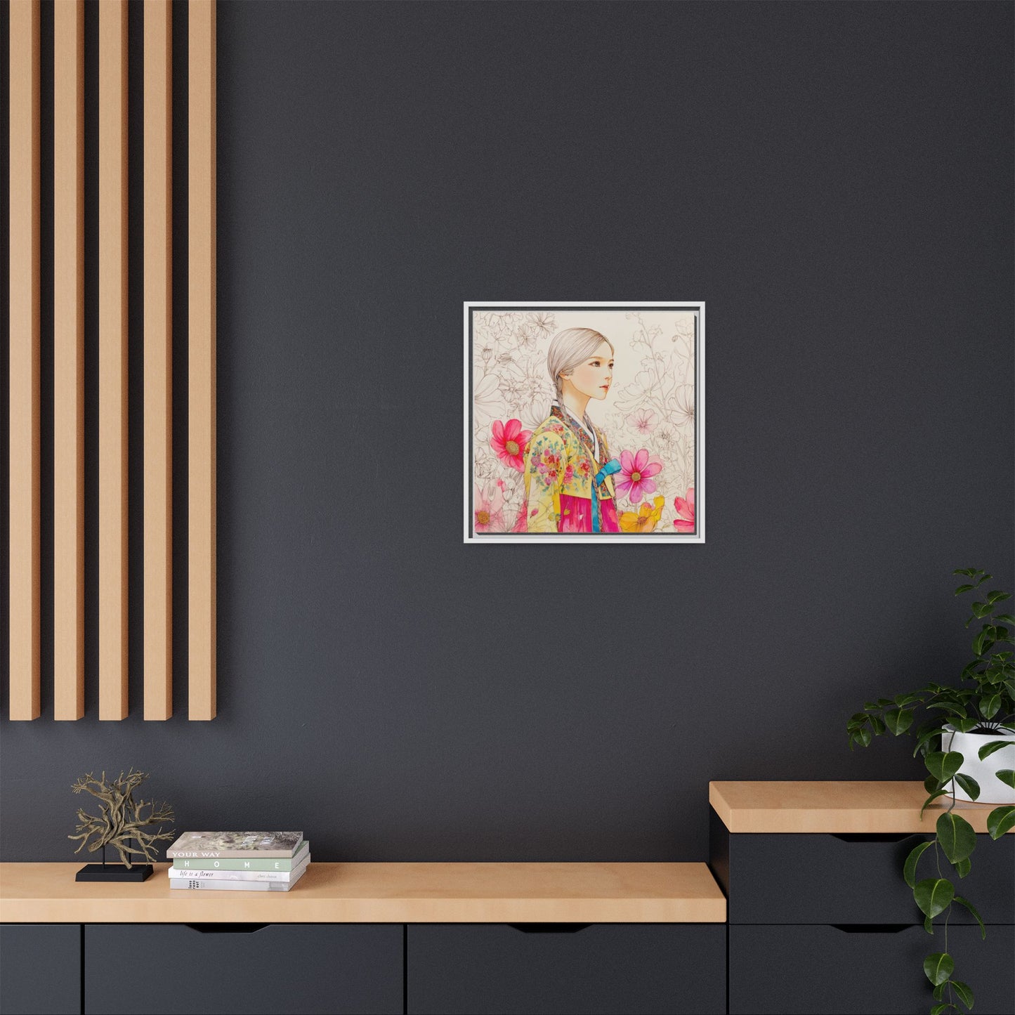 Framed Matte Canvas: Korean Hanbok Girl Floral Portrait