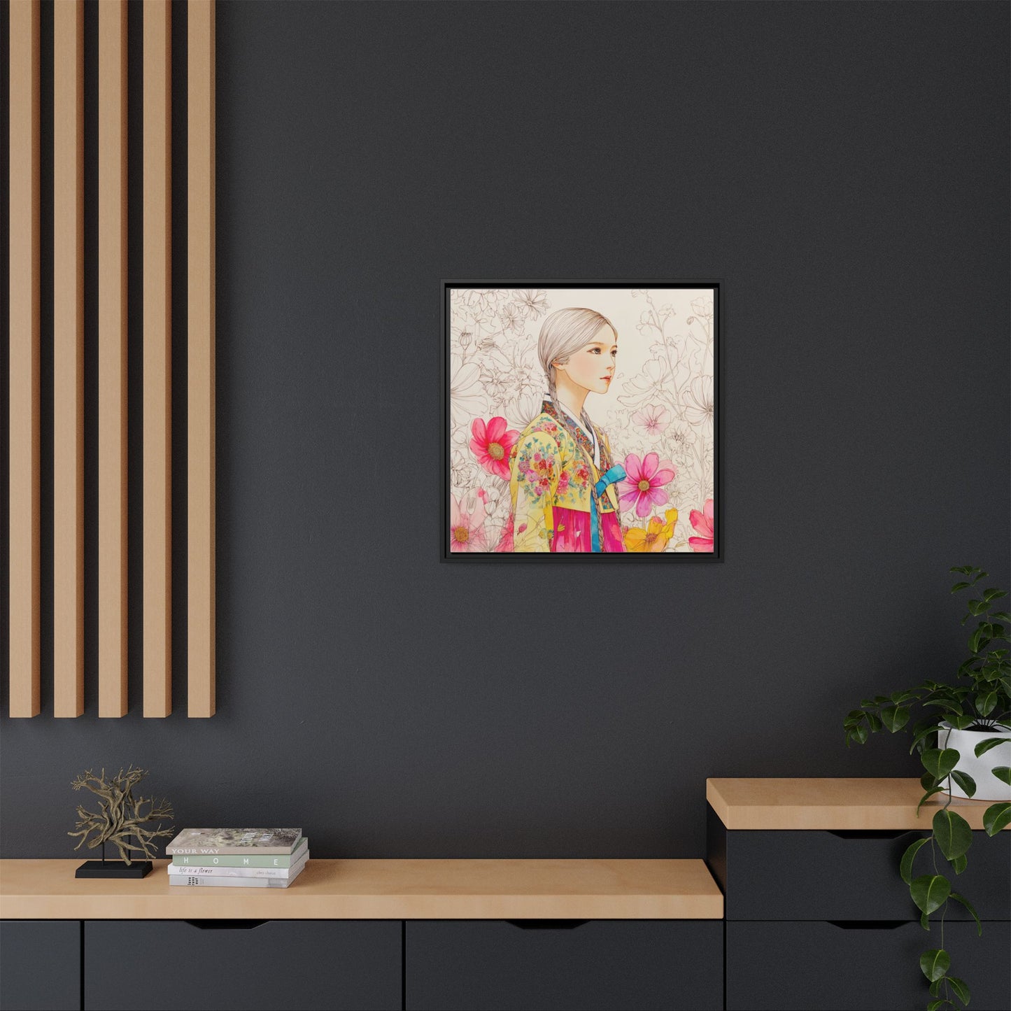 Framed Matte Canvas: Korean Hanbok Girl Floral Portrait