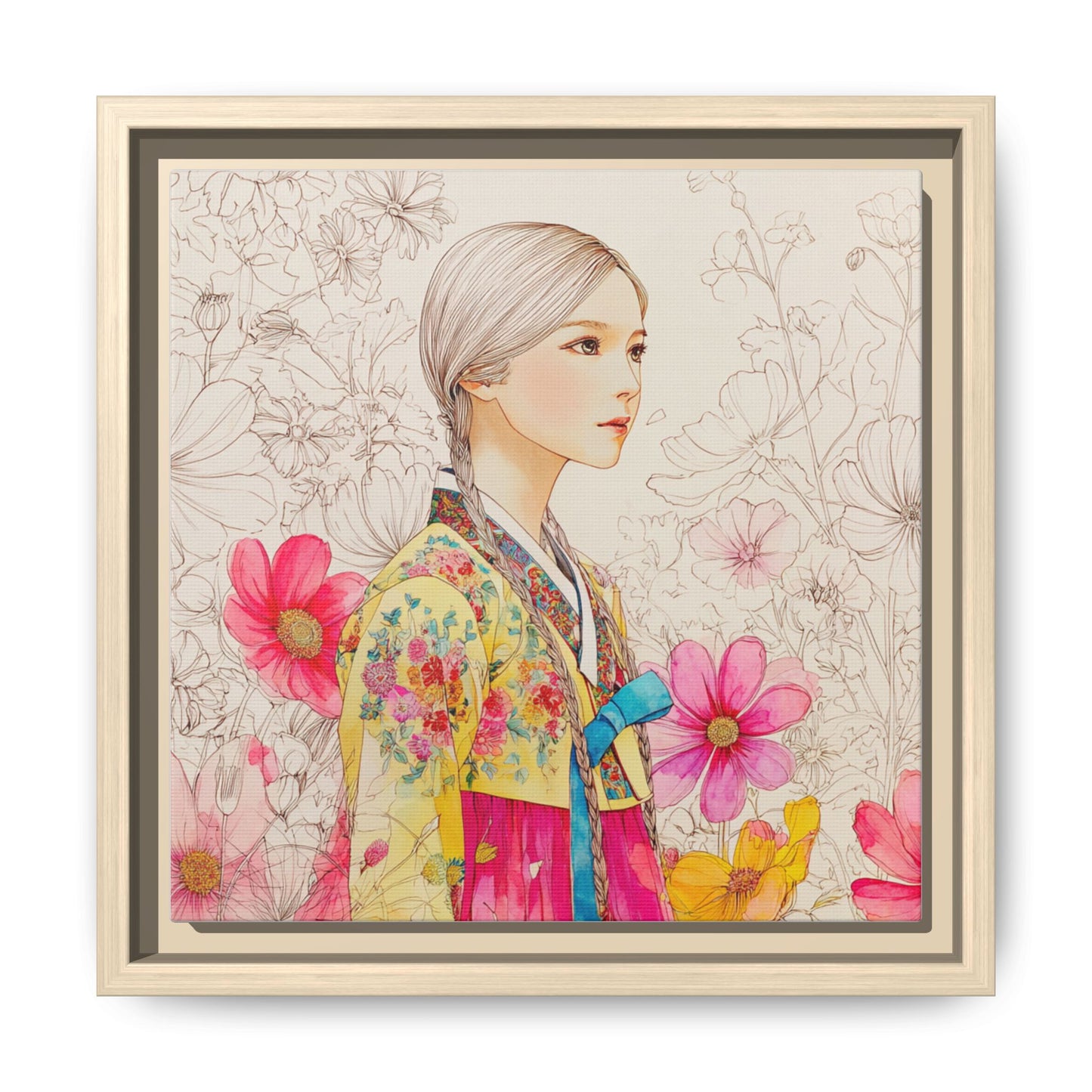 Framed Matte Canvas: Korean Hanbok Girl Floral Portrait