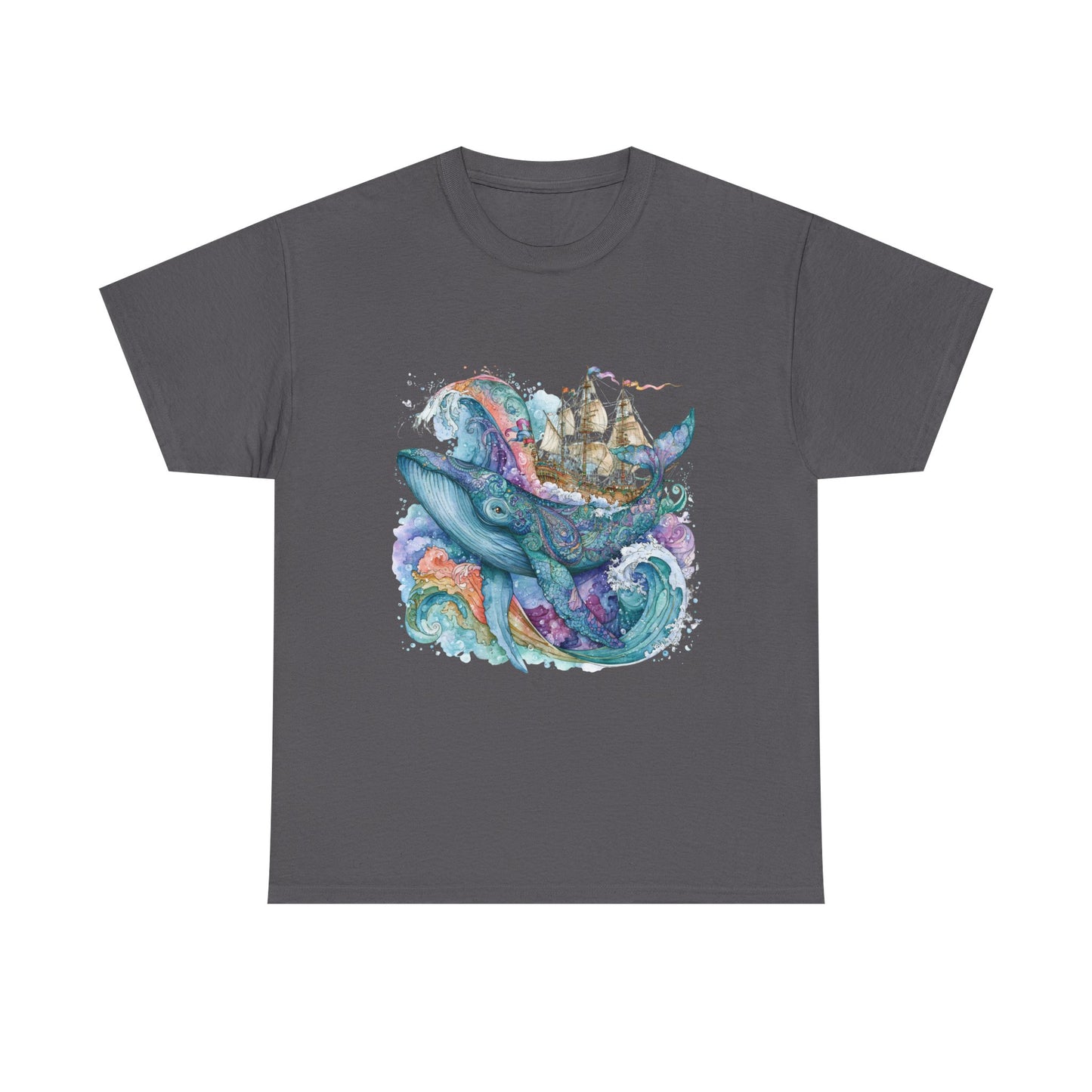 Whale & Ship Watercolor T‑Shirt — Nautical Ocean Art Tee