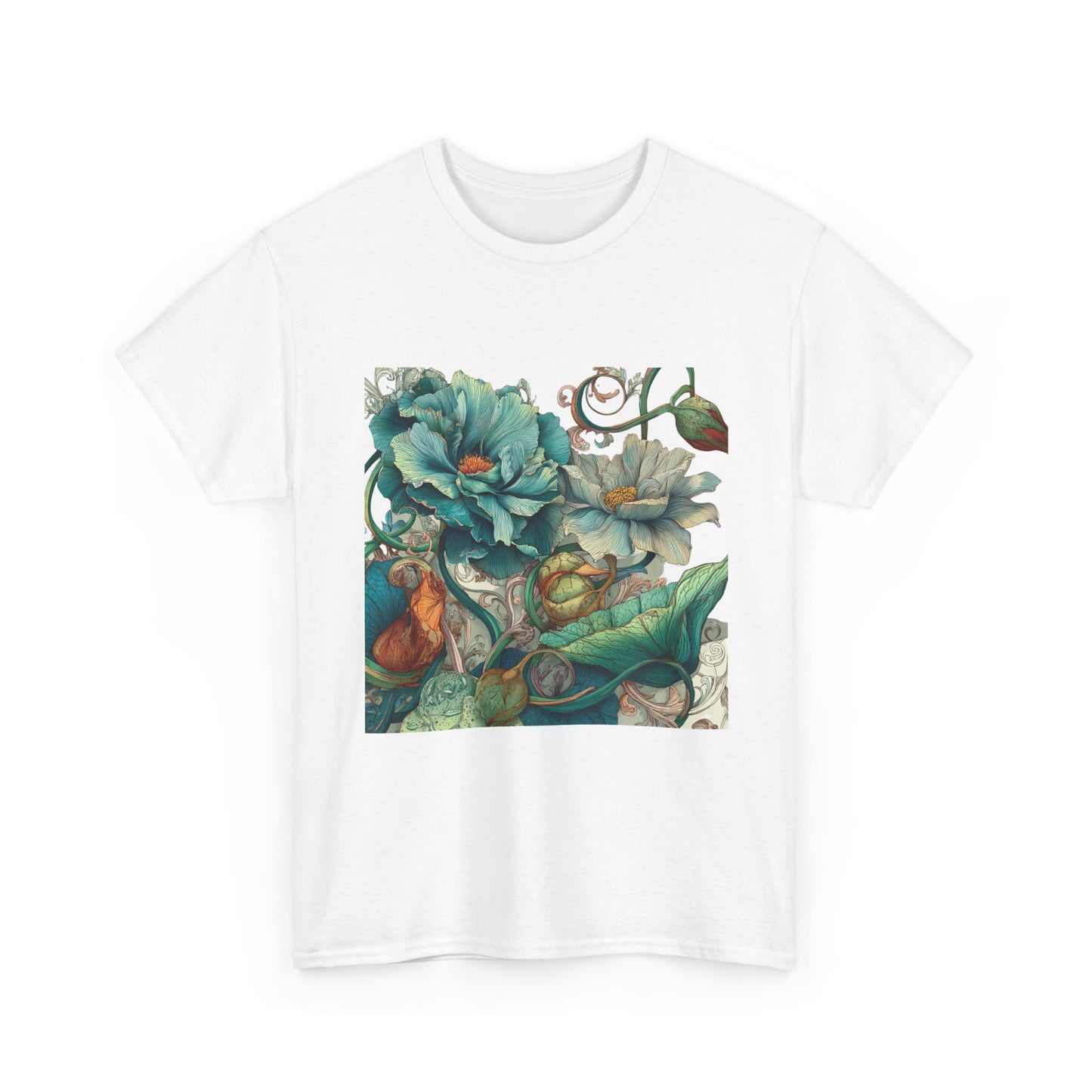 Floral Vintage Botanical Tee — Teal Peony Garden Graphic Shirt
