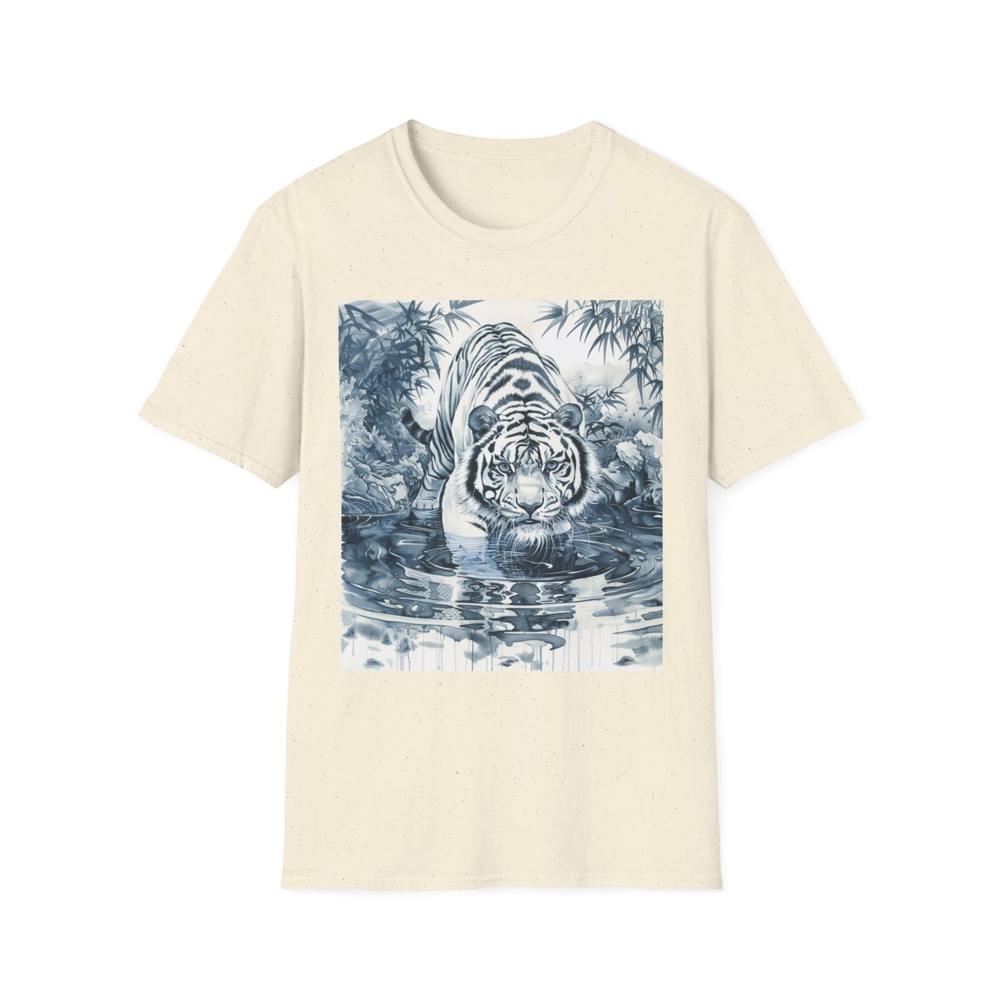 White T‑Shirt with Blue Watercolor Tiger Print — Gentle Jungle Graphic Tee
