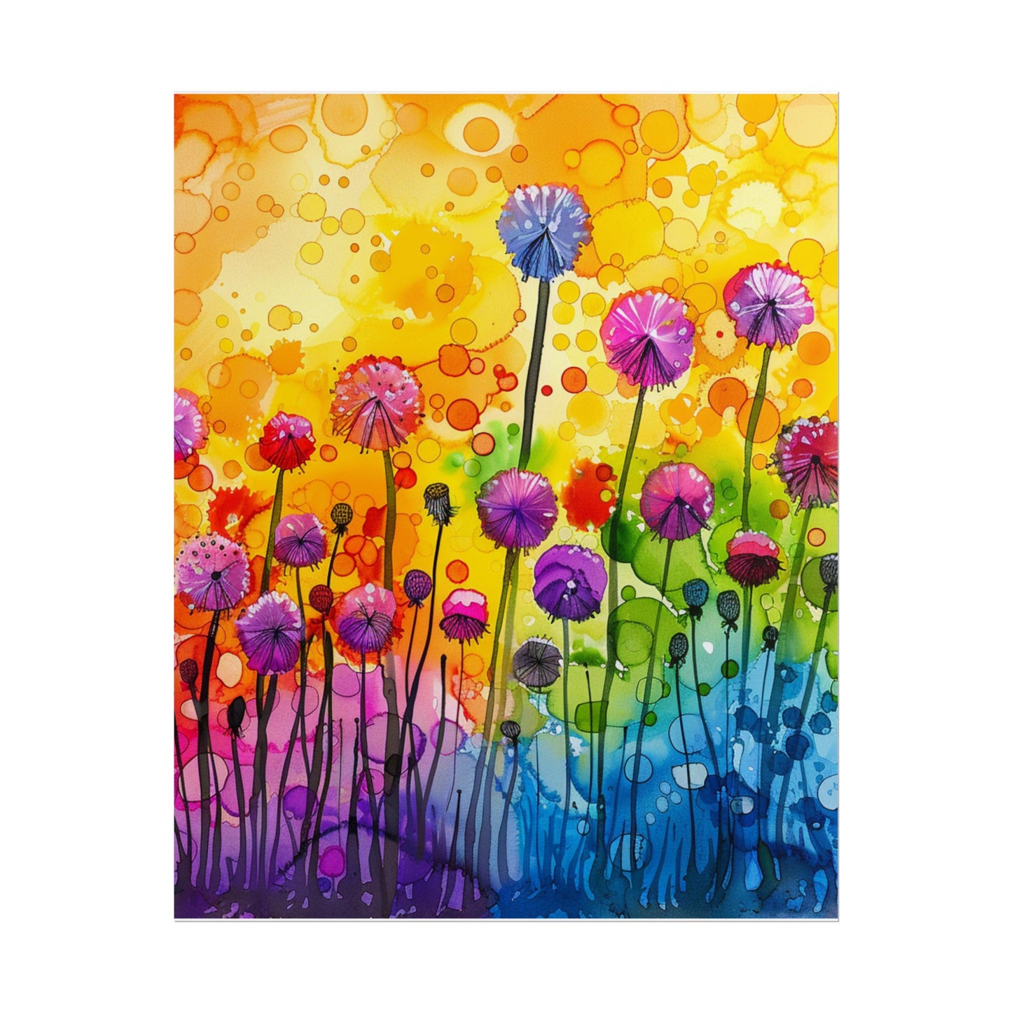 Colorful Floral Watercolor Poster — Rainbow Dandelion Garden Rolled Print