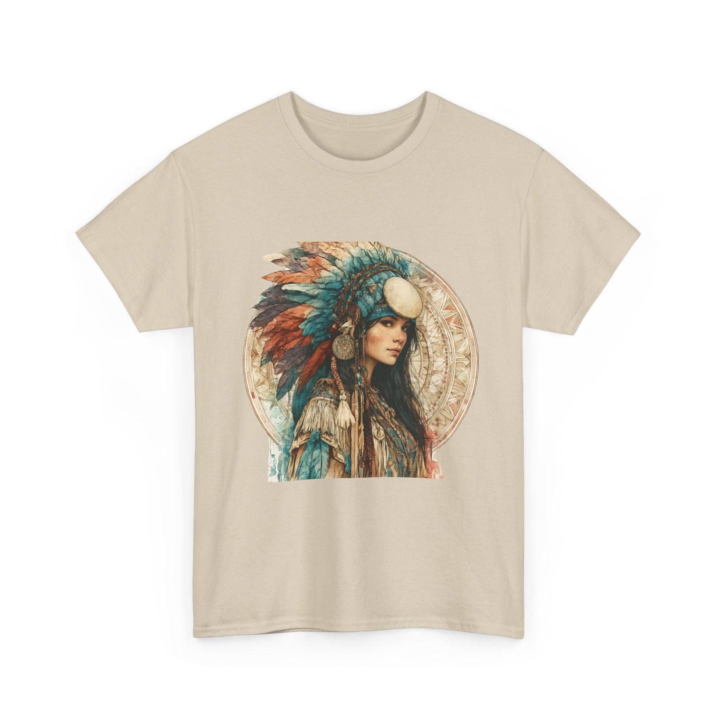 Native Headdress Portrait T‑Shirt — Boho Feather Art Tee
