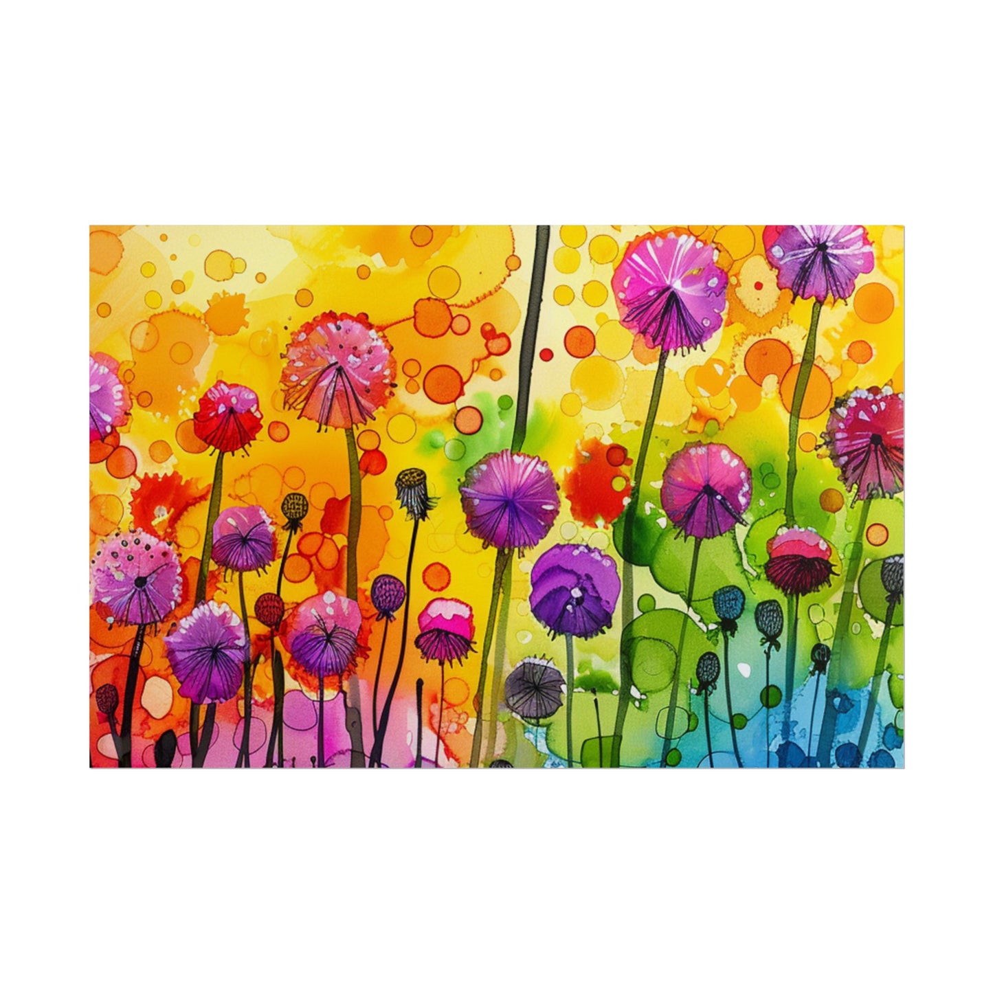 Colorful Floral Watercolor Poster — Rainbow Dandelion Garden Rolled Print