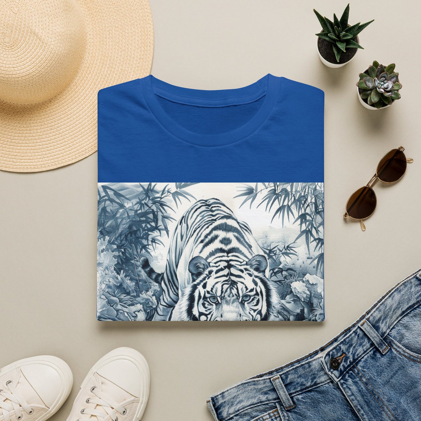 White T‑Shirt with Blue Watercolor Tiger Print — Gentle Jungle Graphic Tee