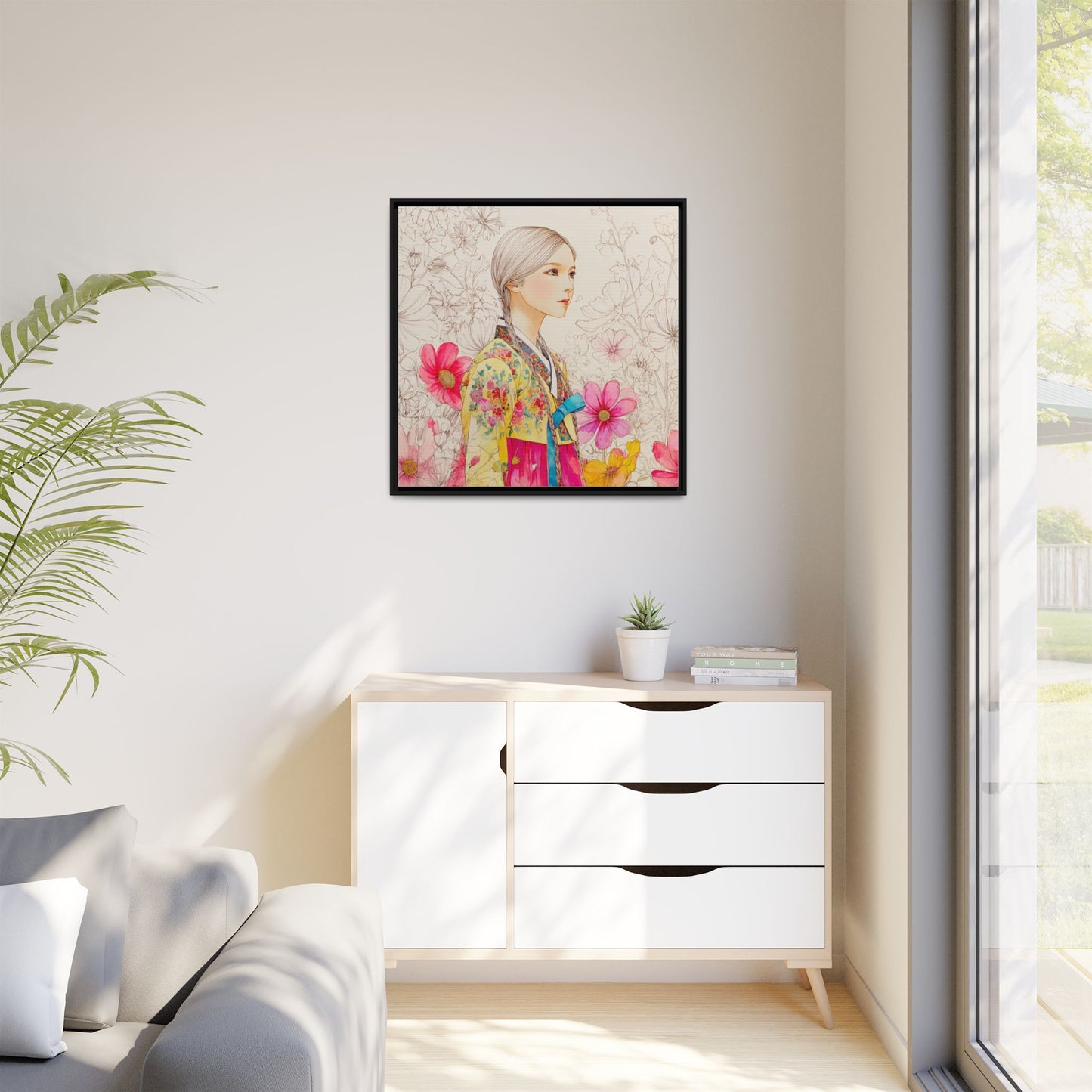 Framed Matte Canvas: Korean Hanbok Girl Floral Portrait