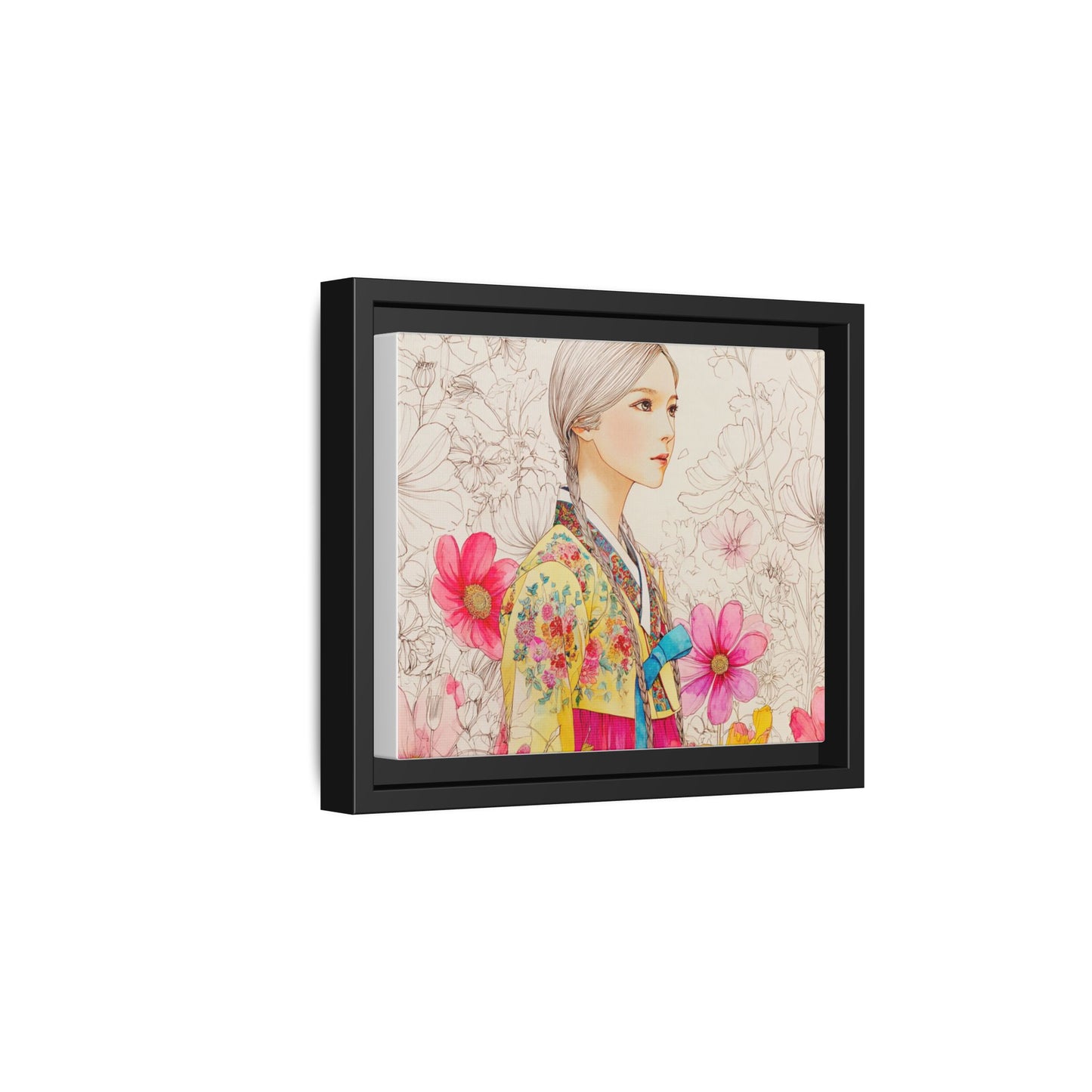 Framed Matte Canvas: Korean Hanbok Girl Floral Portrait